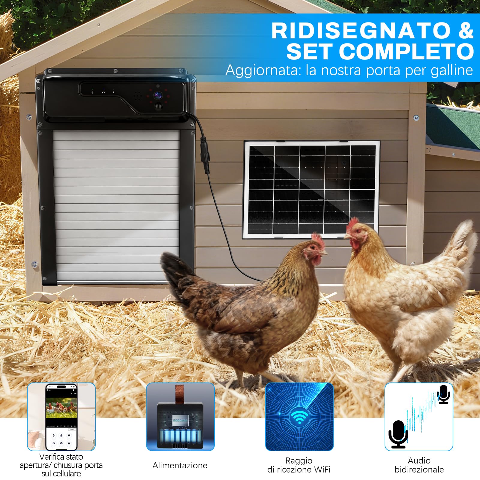 Porta Automatica per Pollaio Solare, con fotocamera 1080P, controllo app e Wi-Fi, visualizzazione in tempo reale dello stato della porta, funzione di chiamata vocale e timer, batteria da 5000 mAh