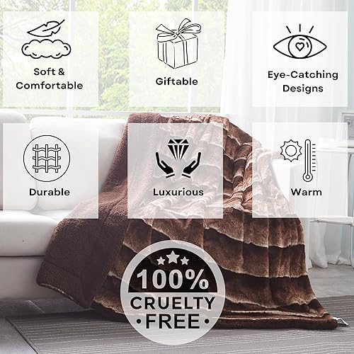 Miniatura 5 de Tache 63 X 90 Pulgadas Elegante Dorada Marrón Oscuro Piel Sintética Súper Suave Cálida Sherpa Manta de Sofá, Tamaño Individual