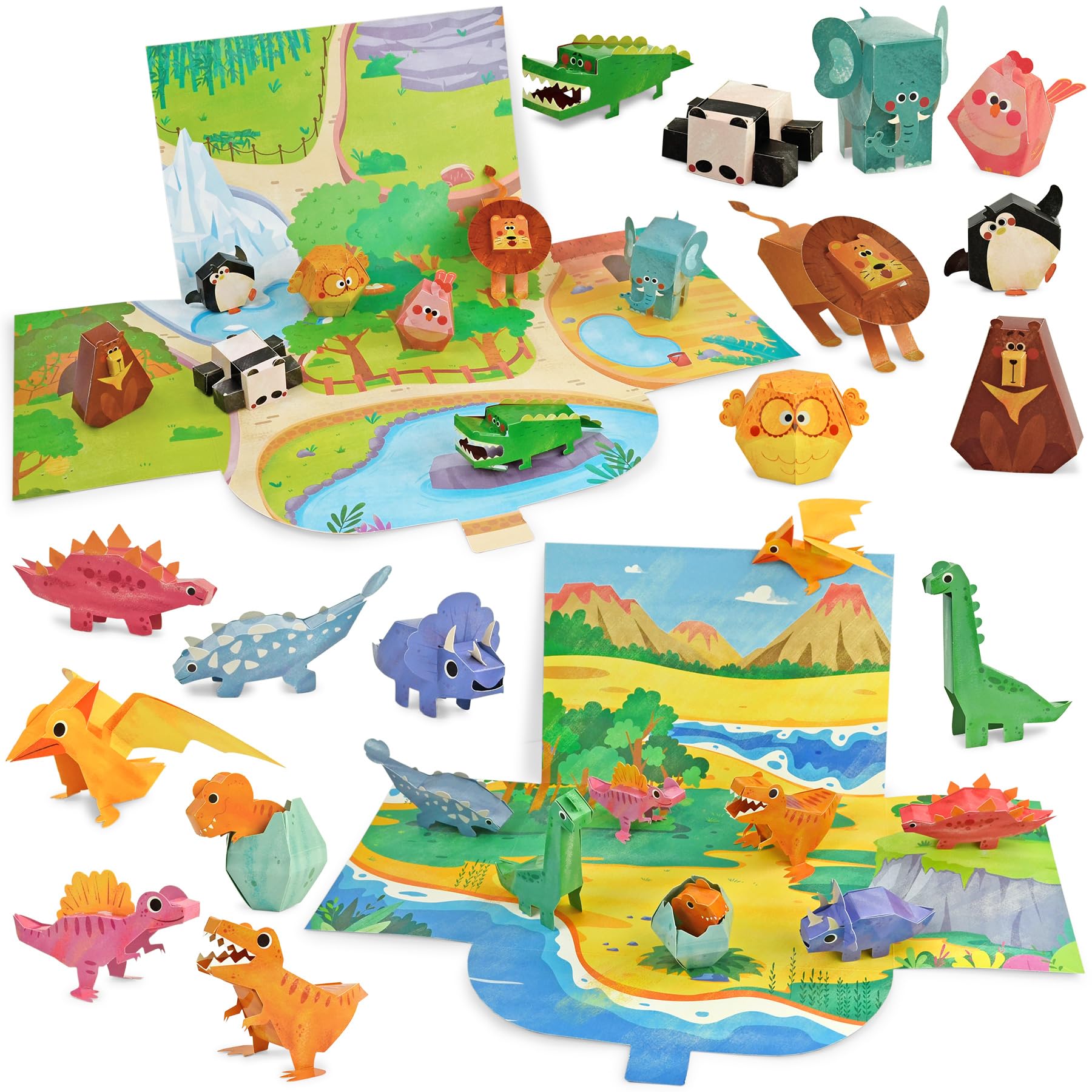 Vileafy Creative Party Favors - 3D Origami Paper for Kids 5-8 Years Old, 16 Different Images 3D Paper Puzzles Kit for Toddlers, Educational Art and Crafts for Boys and Girls (Animals +Dinosaurs)