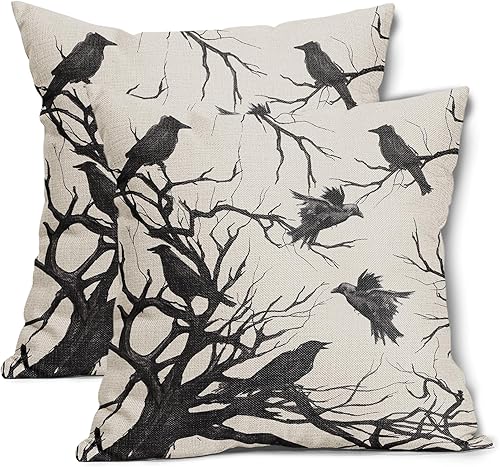 Tree Crows - Juego de 2 fundas de almohada de Halloween de 16 x 16 pulgadas, fundas de almohada decorativas de otoño, fundas de almohada negras y