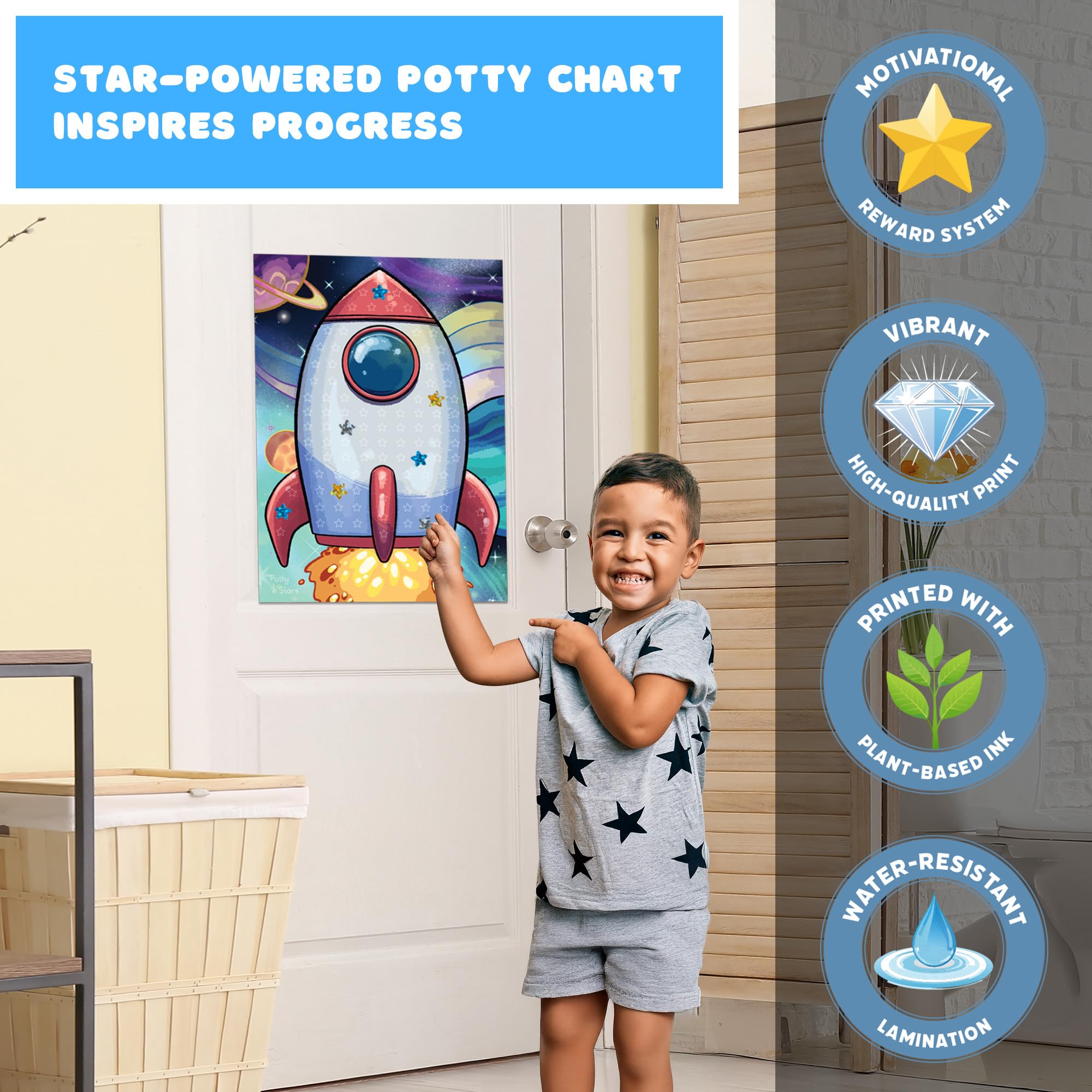 Duża tabela nagród za naukę korzystania z nocnika dla dzieci – laminowany, wodoodporny plakat ze 100 holograficznymi naklejkami z gwiazdami i paskami montażowymi bez uszkodzeń – rakieta