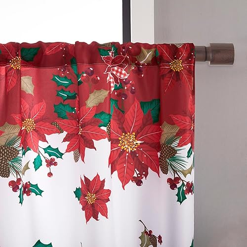 Miniatura 7 de SHINELAND Cortinas de cocina de Navidad, flor de pascua roja, cortina térmica corta para ventanas pequeñas, cortinas de Navidad para cocina, 45