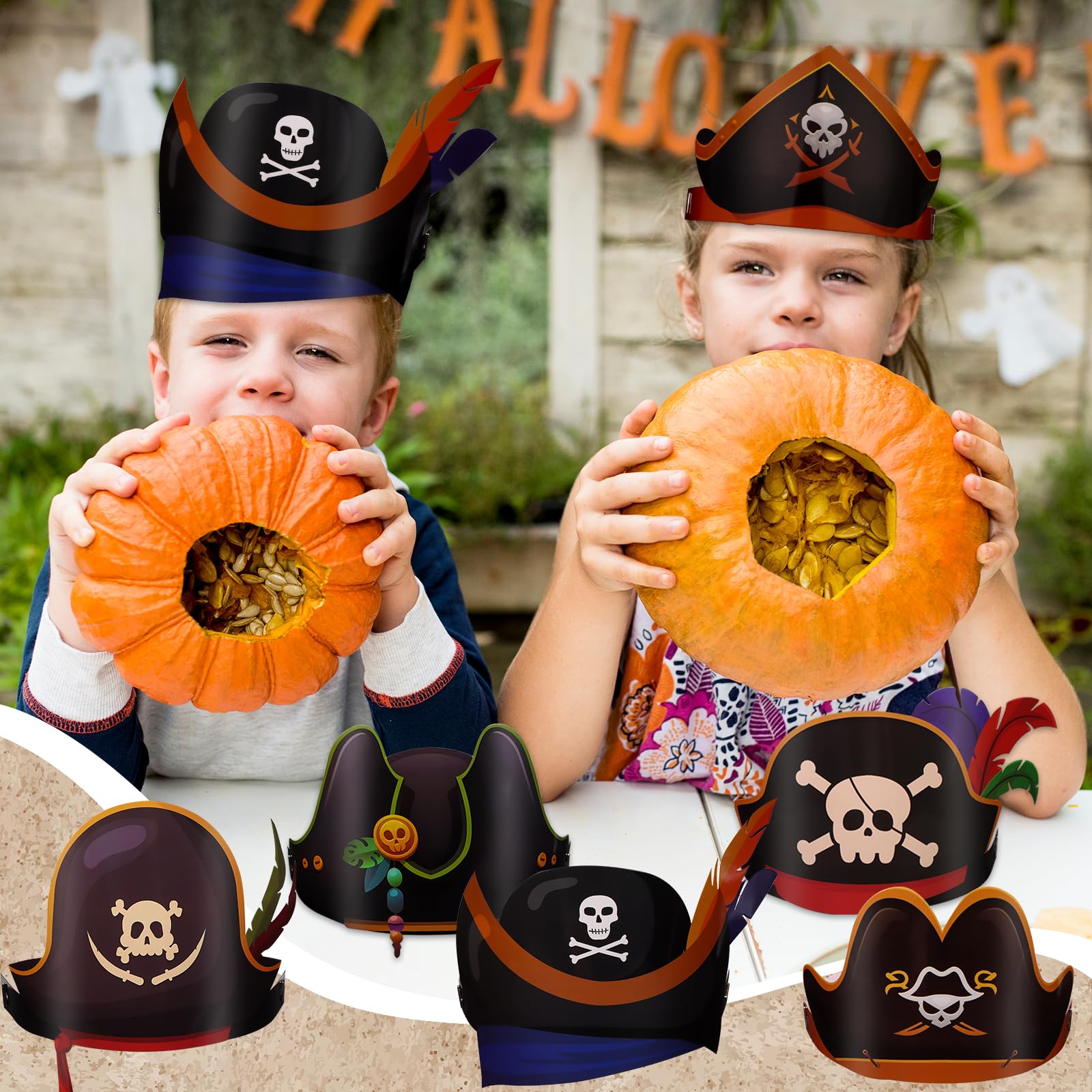 CCCYMM 12 Pcs Paper Pirate Hats Bulk Skull Pirate Party Accessories Captain Costume Cap for Halloween Decoration Cosplay Masquerade Headwear Dress up - Image 4