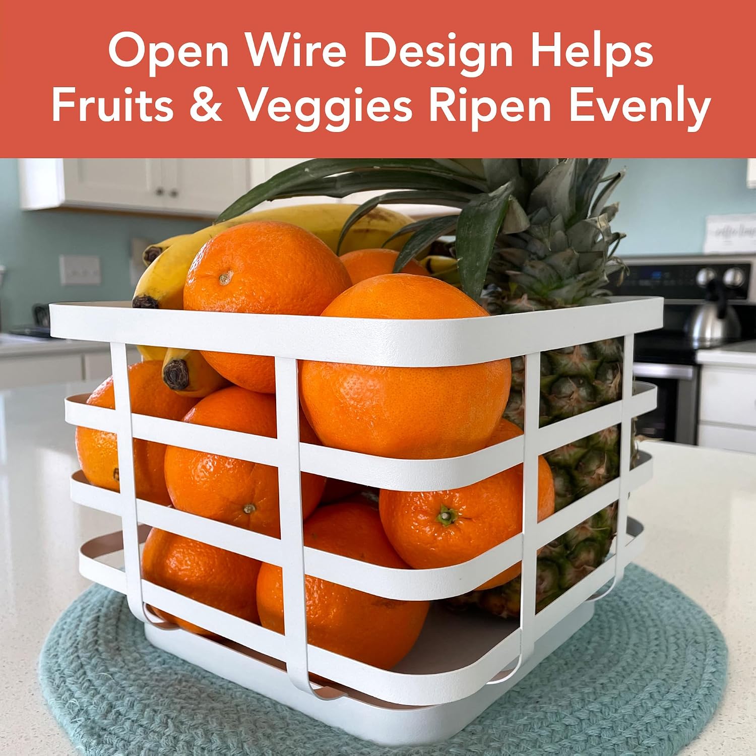 Spectrum White Scandinavian Fruit Basket for Counter, Large Fruit Bowl for Kitchen Storage and Serving, Minimalist Metal Wire Basket Design Promotes Airflow, 9.5 Inch Kitchen Basket