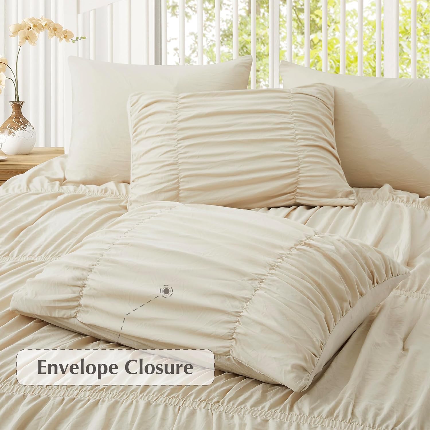 Oli Anderson Ruched Comforter Set Queen Size, 5PCS Fluffy Comforter with Elastic Design, Vintage Boho Comforter Bedding Sets, Shabby Chic Farmhouse Rustic Style Bedroom Decor for All Seasons - Beige