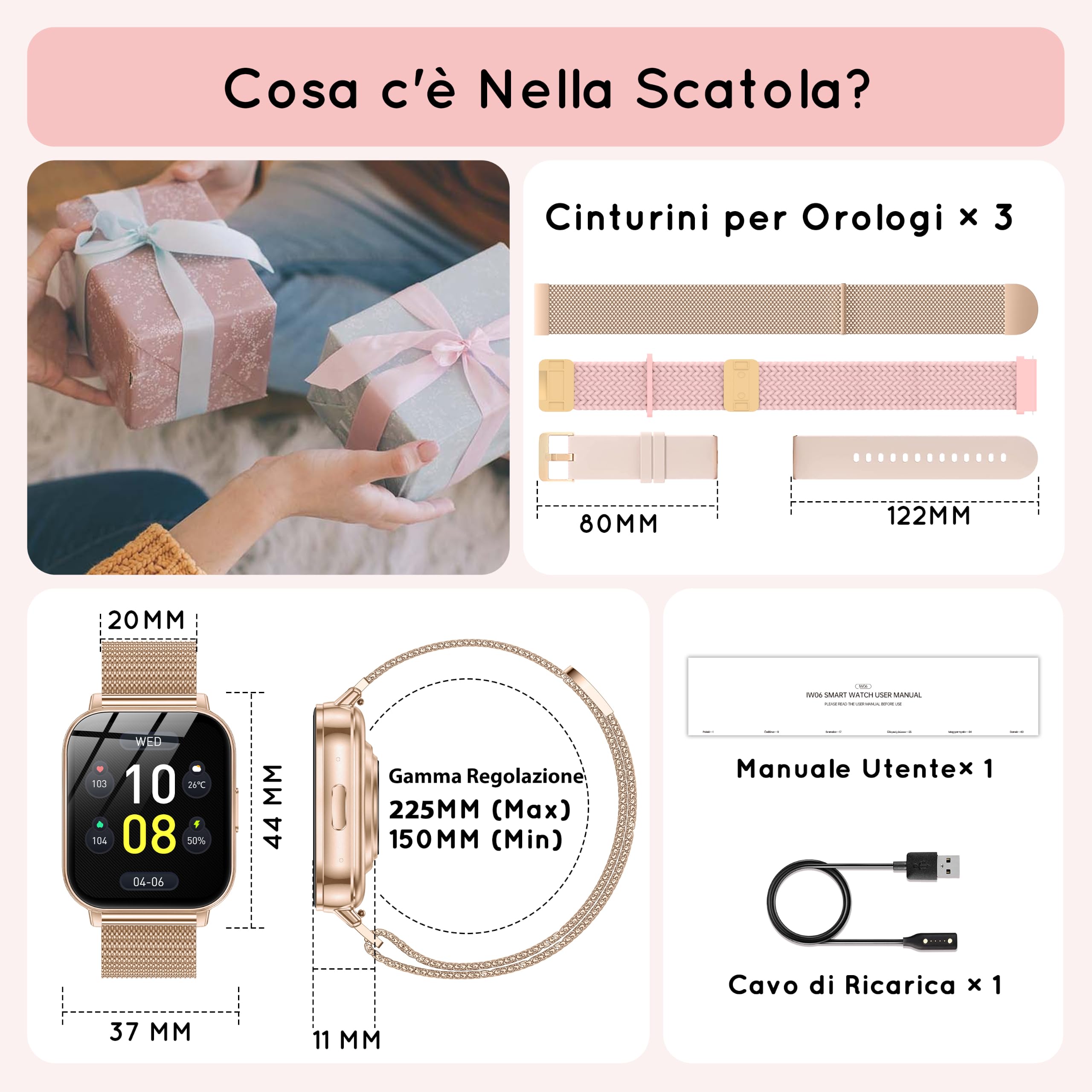 Smartwatch Damen, 1,85" Orologio 30+ Giorni di Autonomia Effettua/Risposta Chiamate con Frequenza/SpO2/Sonno 120+ Sportive Fitness Tracker Smart Watch per iOS Android, Roségold/1000mAh