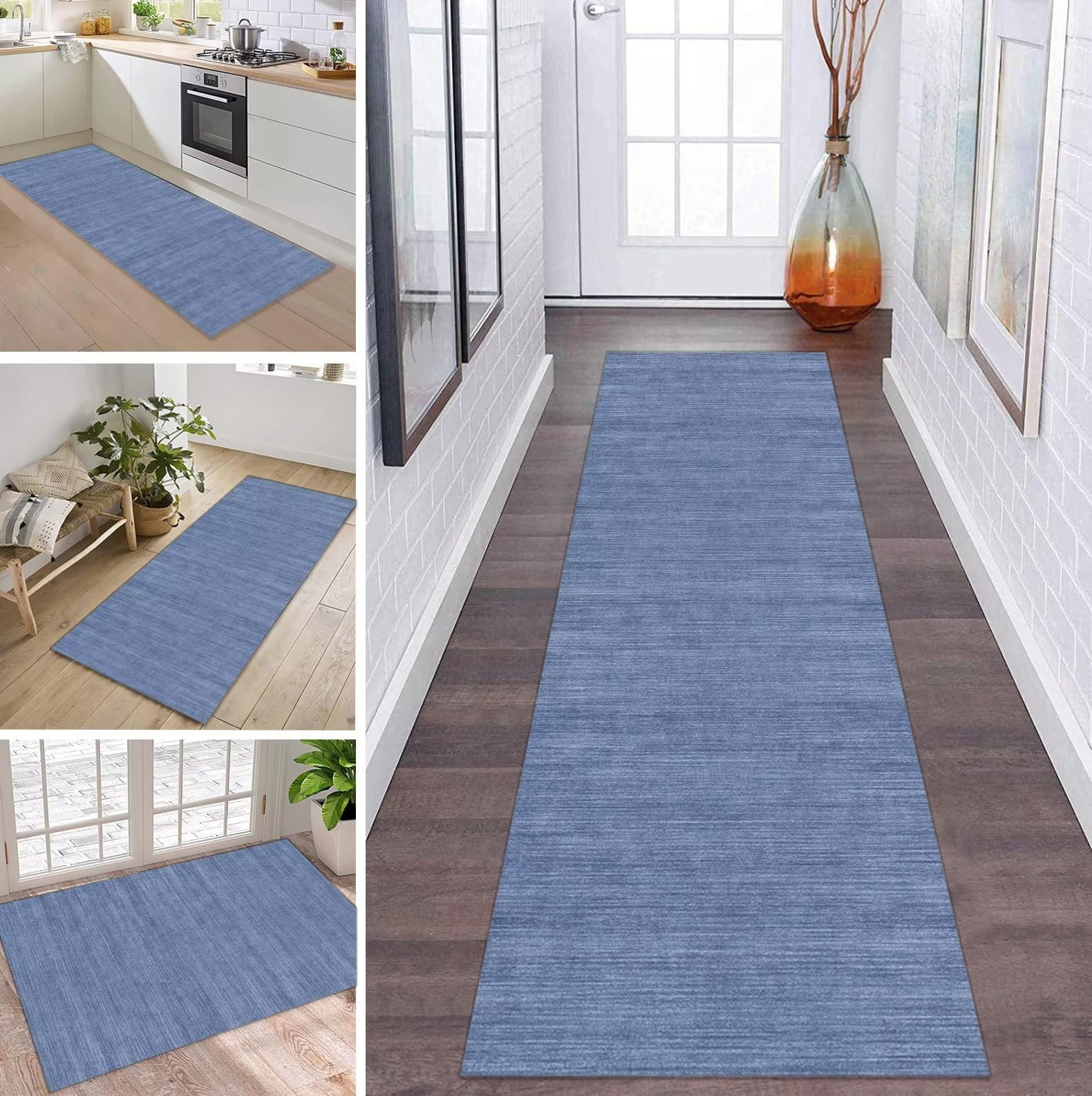 Tapis de couloir bleu 110 x 150 cm lavable et antidérapant au mètre