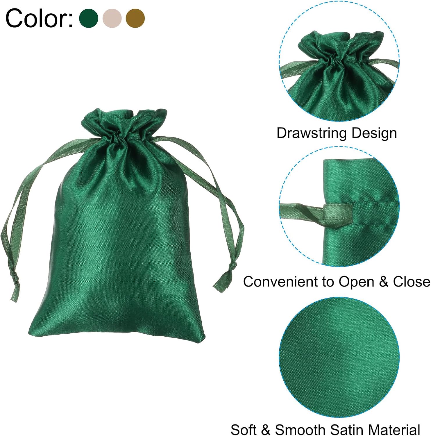 PATIKIL Satin Bags with Drawstring, 3 Pack 4x6 Inch Wedding Favor Bags Mini Gift Packaging Bags for Birthday Christmas Jewelry Party, Green Champagne Gold Tone - Image 3