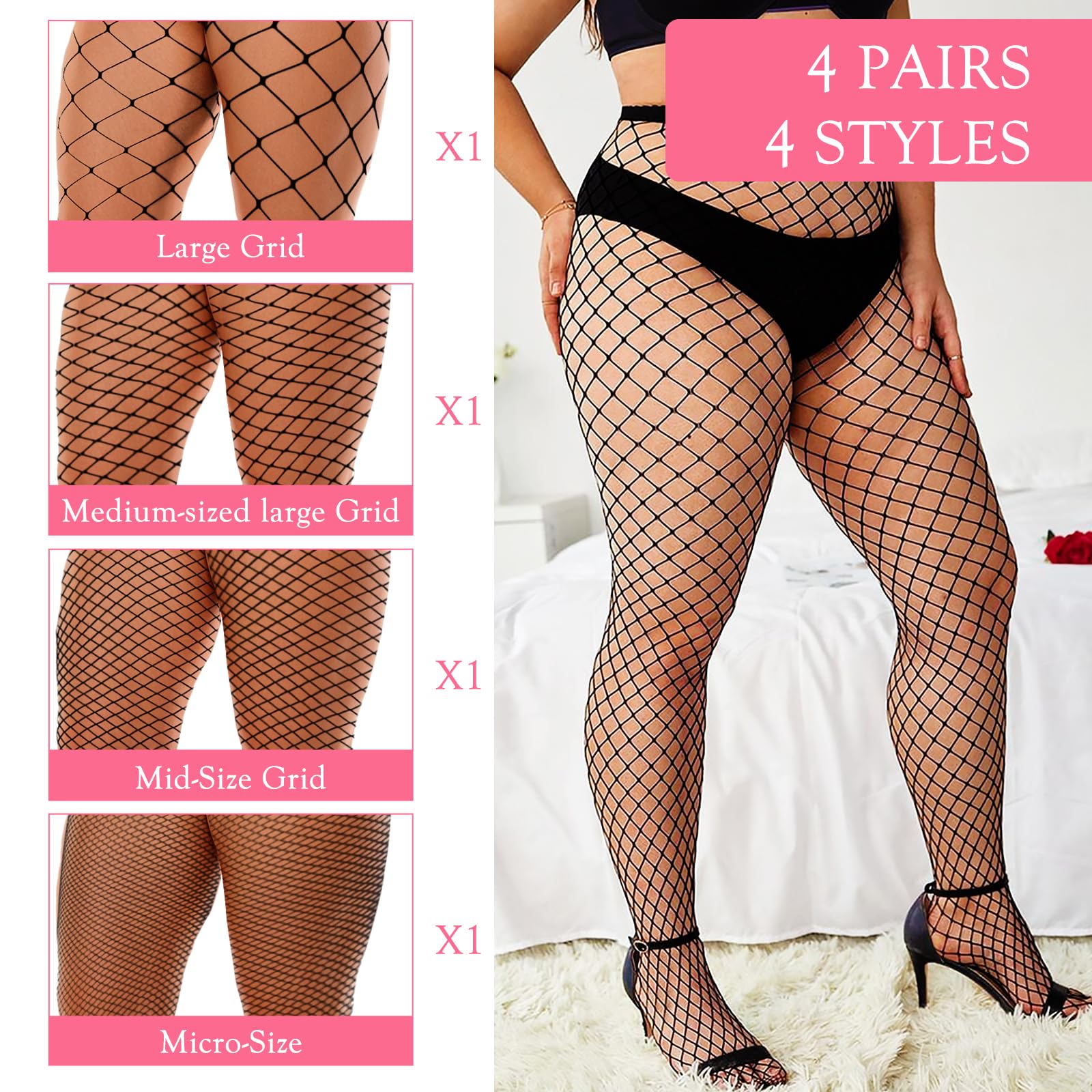 Abeillo 4 pary plus size pończochy kabaretki, rozciągliwe rajstopy z wysokim stanem, czarne legginsy, 4 style, L