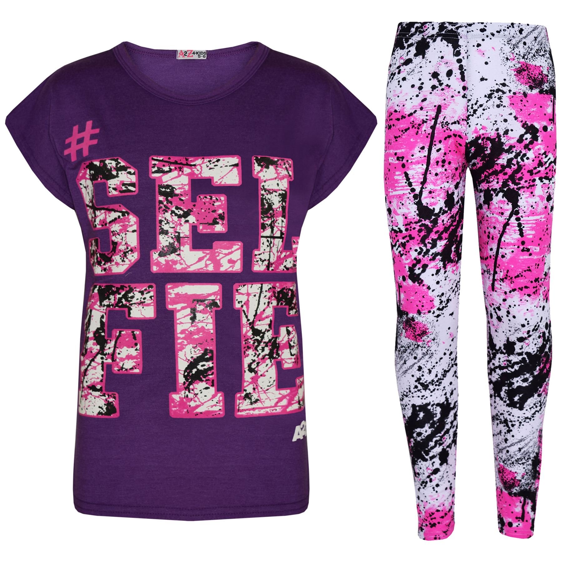 A2Z 4 Kids Girls Top Kids SELFIE Splash Print T Shirt And Legging Set - Selfie Splash Set. Purple 9-10