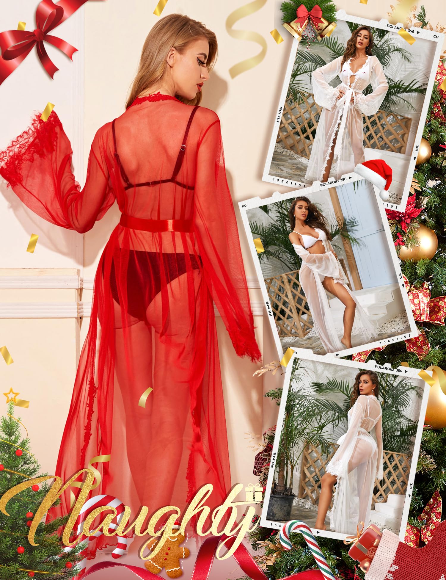 RSLOVE Lingerie pour Femmes Robe Kimono Sexy Longue en Dentelle Chemise en Maille Robe en Dentelle