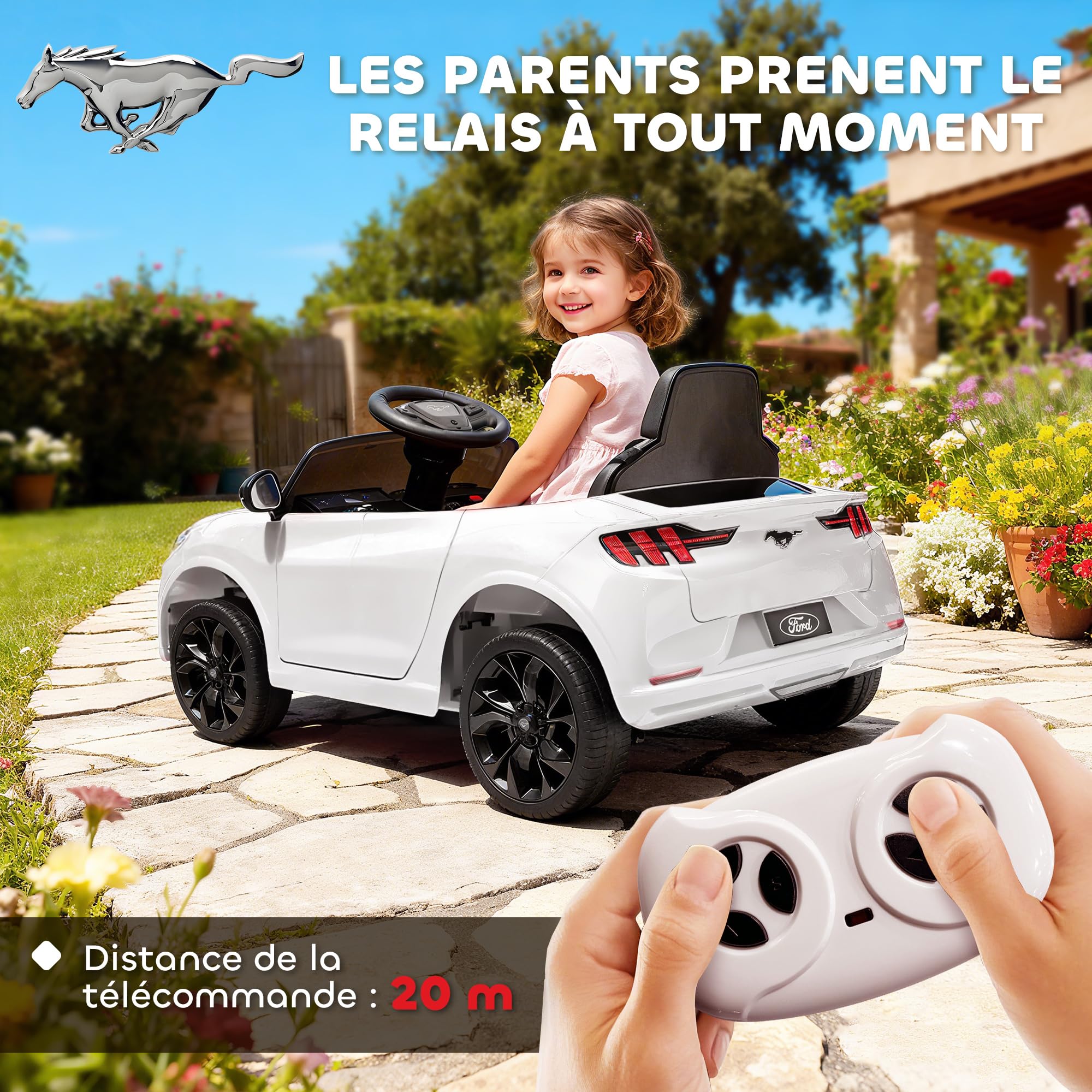 AIYAPLAY Voiture Électrique Enfant Ford Mustang Mach-E 12V Blanc | Véhicule Électrique, Télécommande 2,4G, 2 Moteurs 25W, Démarrage Progressif, Phares LED, Musique, Port USB/Bluetooth