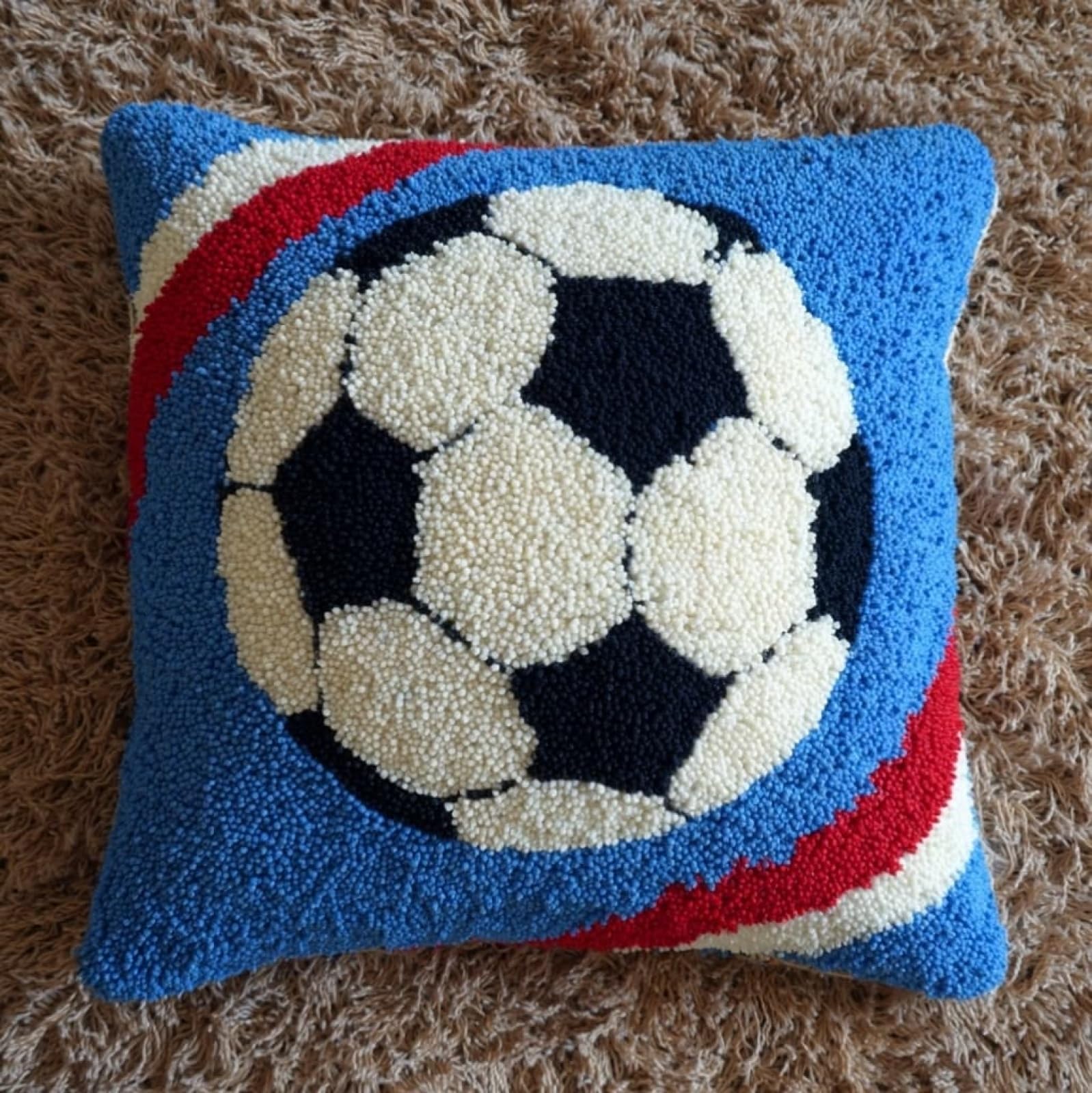 Henypt Latch Hook Cushion Kit 43x43cm,Football Beginner Friendly Needlecraft Set,Adult Craft Hobby kit,Easy Latch Hook for Home Decor,