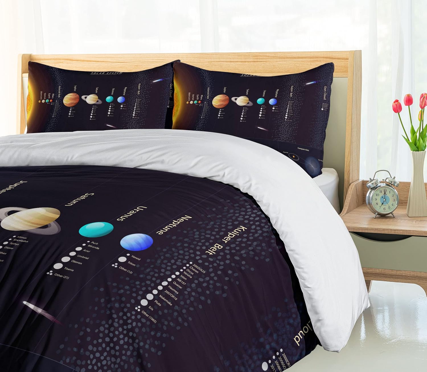 Ambesonne Outer Space Duvet Cover Set, Solar System Scientific Information Jupiter Saturn Universe Telescope Print, Decorative 3 Piece Bedding Set with 2 Pillow Shams, King Size, Black Blue King Black Blue