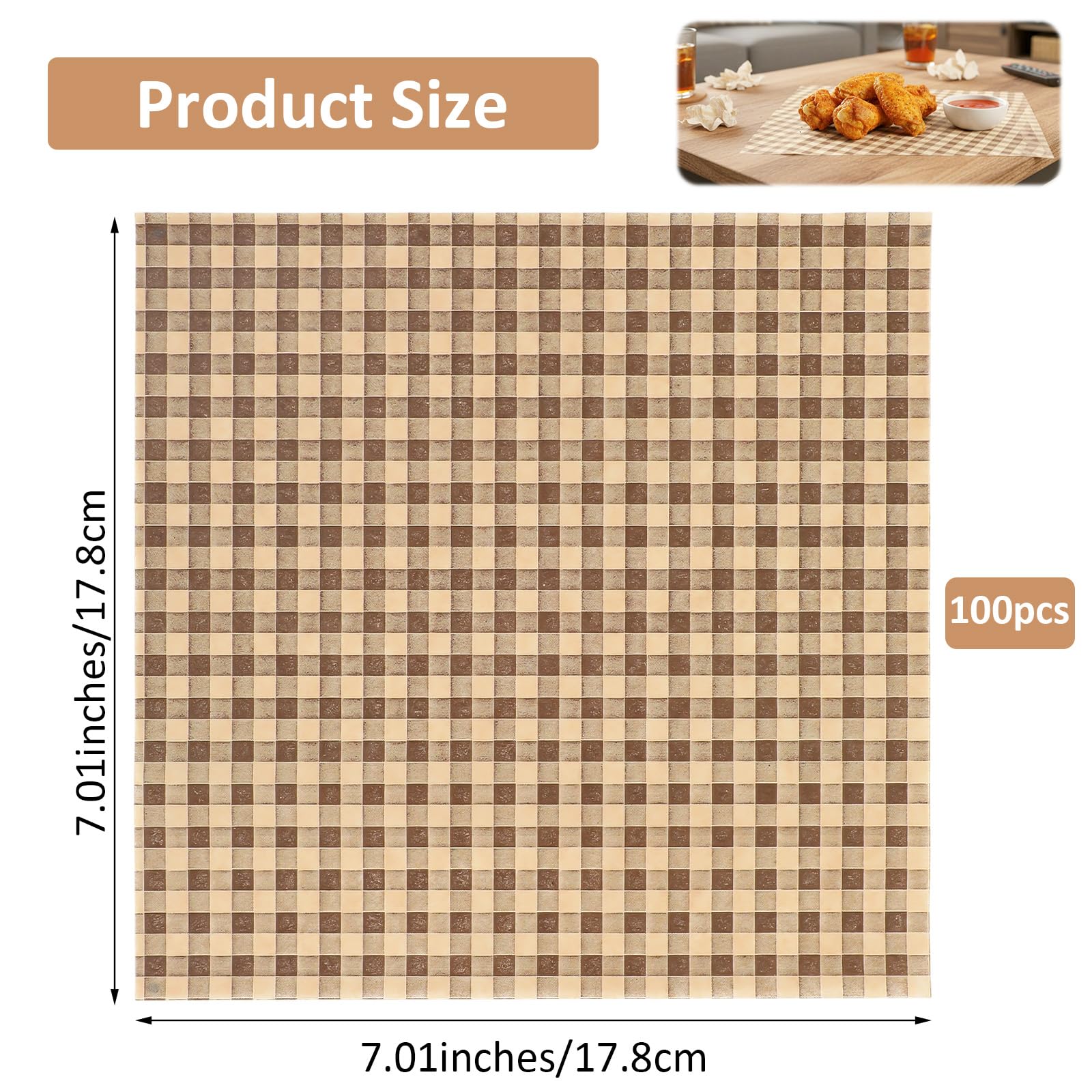 100 sztuk woskowanych arkuszy papieru delikatesowego, 18 cm x 18 cm kwadraty odporne na tłuszcz, w kratkę, do oklejania kanapek i burgerów, papier do pieczenia, arkuszy do pakowania delikatesów