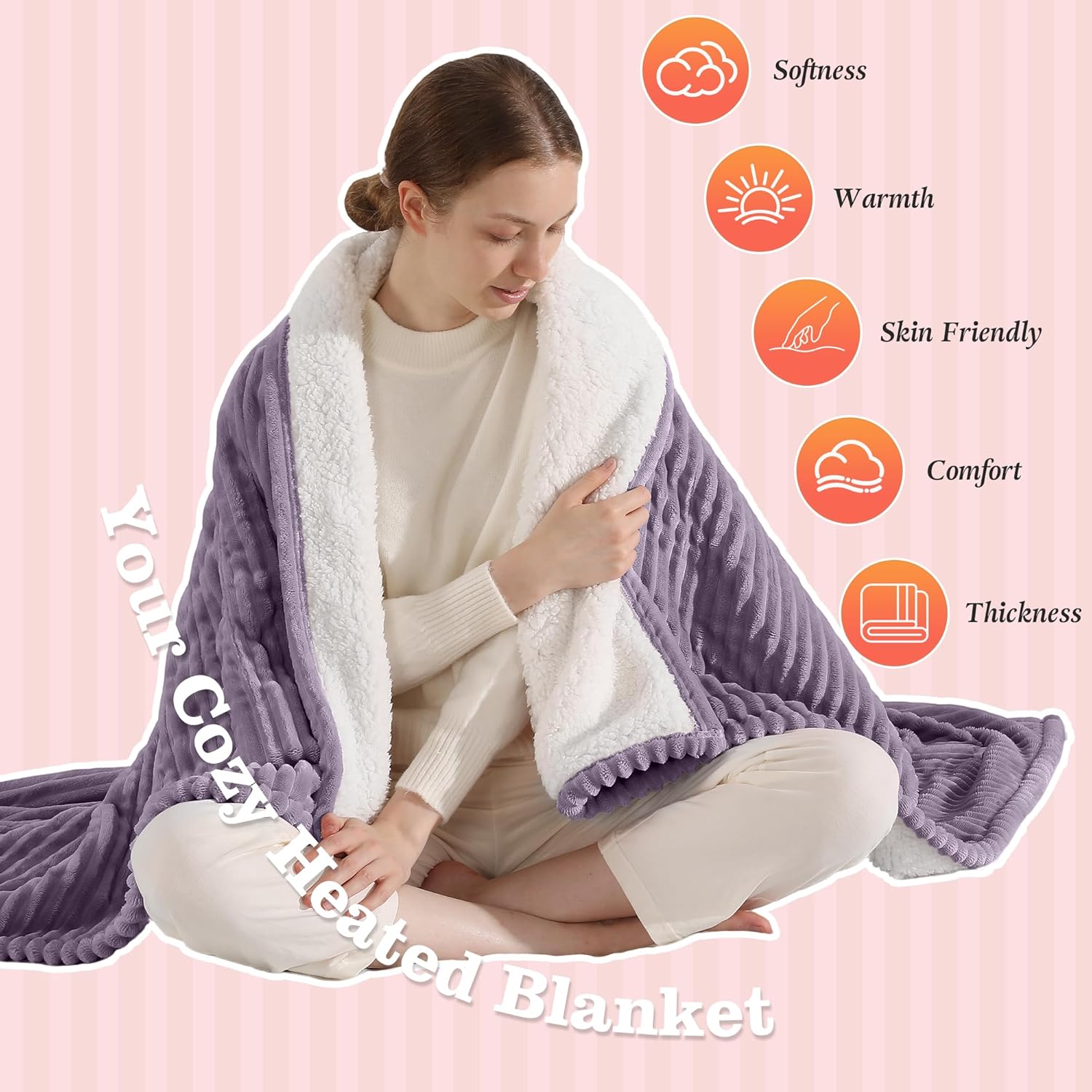 Heated Blanket Electric Throw 50"x60" Heating Blanket 450gsm Ribbed Flannel Sherpa Ultra-soft with 5 Heating Levels and 4 Hour Auto Off, ETL & FCC Certified Electric Blanket, Great Winter Gift, Purple - Image 2