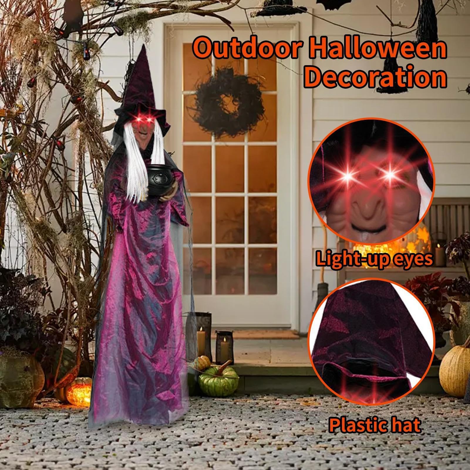 Dekoracja Wiedźmy Halloween Figurka Naturalnej Wielkości 180 Cm Do | Dekoracja Halloween Z Jarzącymi Oczami I Kotłem Do Nawiedzonych Domów, Imprez I Wnętrz