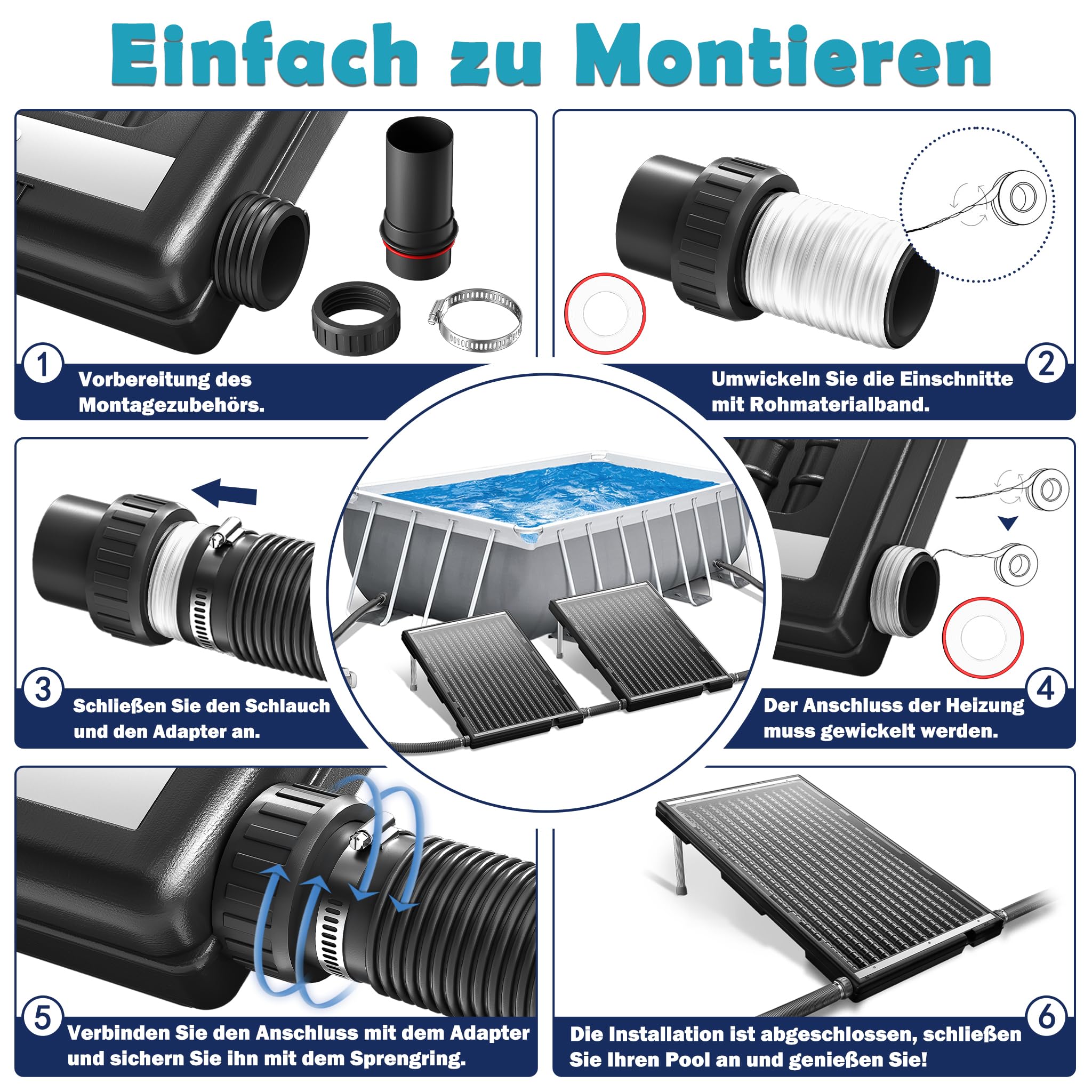 Froadp 2 unidades de calefacción solar para piscina de 111 x 66 cm, colector solar para piscina, calefacción solar, conector de panel solar de 50 mm de diámetro, panel recto, juego completo para agua