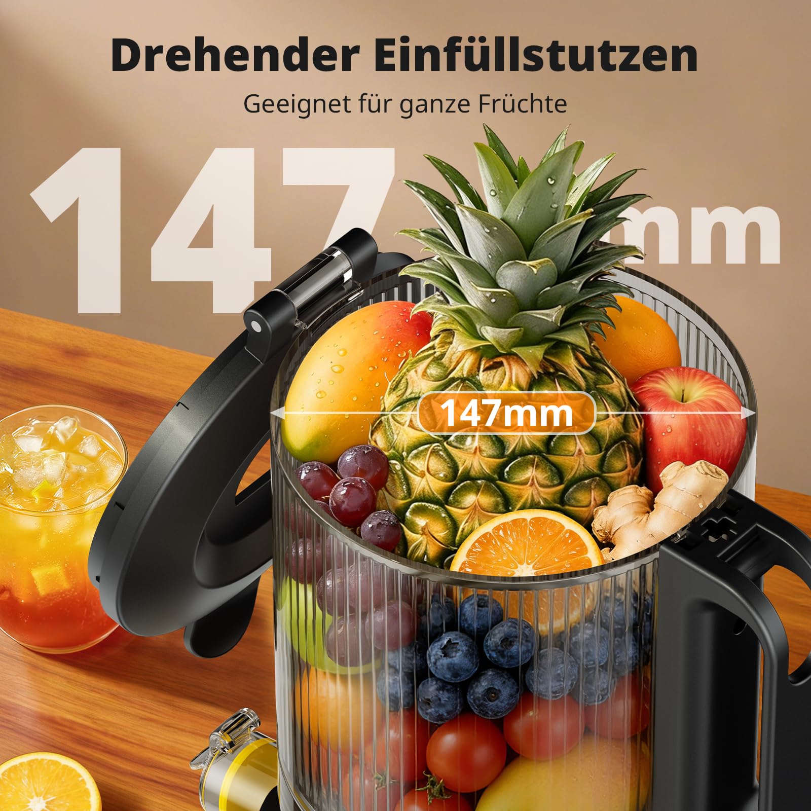 AIRMSEN Entsafter Slow Juicer mit 147mm Extra Großem Einfüllschacht, 2,1L Kapazität, 300W Motor, 7+1 Stufen Verbesserte Slow-Spirale, Hohe Saftausbeute für Ganze Früchte und Gemüse