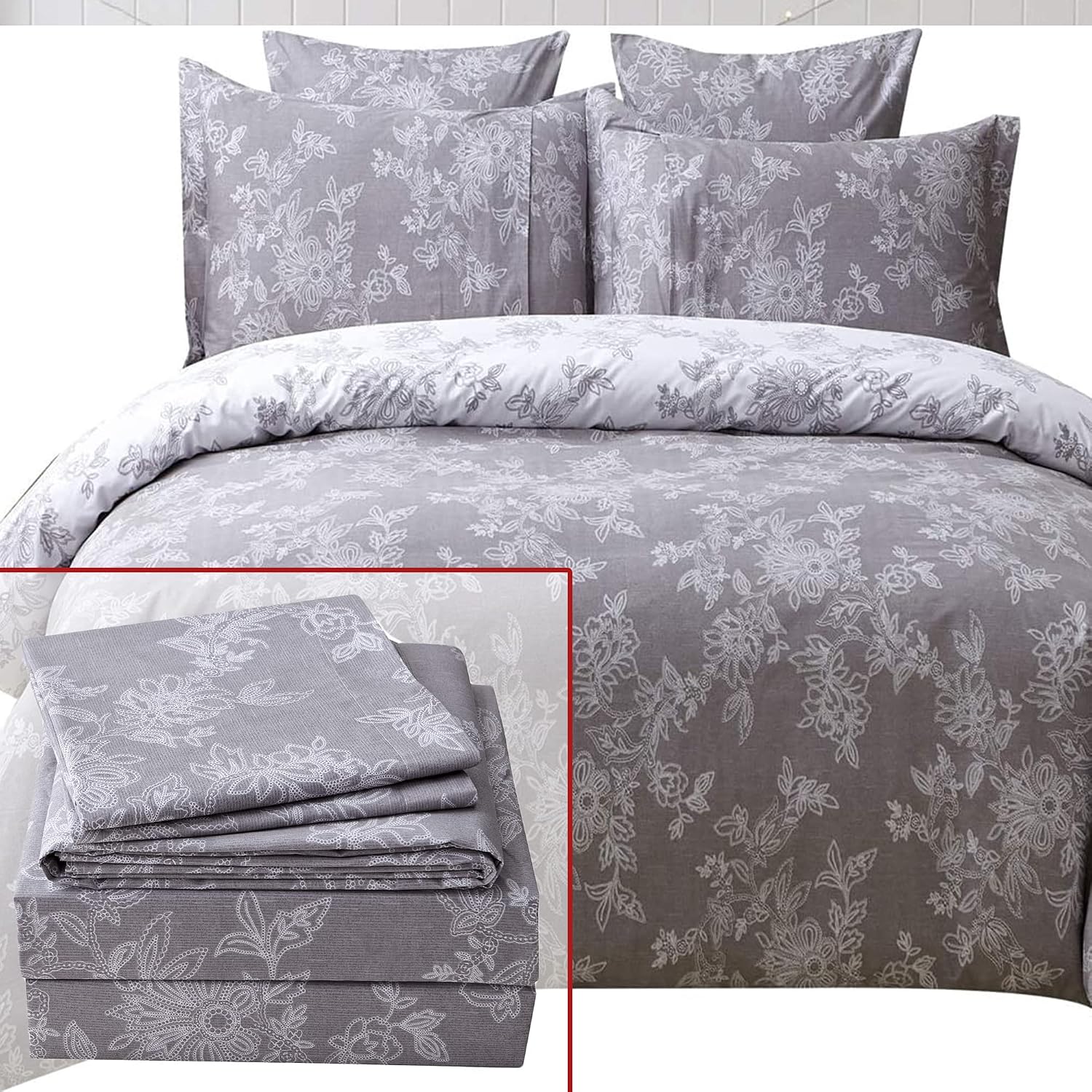 FADFAY 7Pcs Shabby Grey and White Duvet Cover Sheets Set Twin XL Size, 1 Duvet Cover+1 Flat Sheet+1 Fitted Sheet+ 4 Standard Size Shams