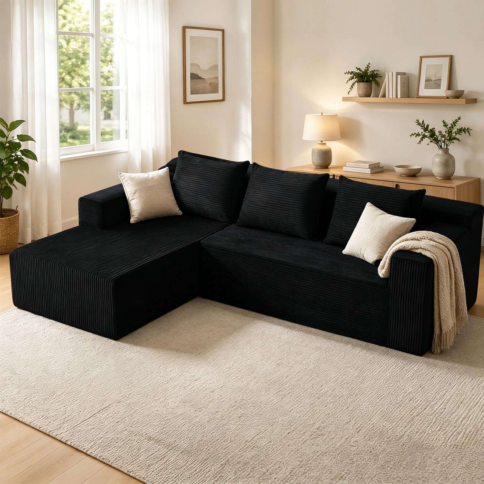 Corner Modular Sectional Sofa, Modern L-Shaped Boneless Cloud Couch | Comfy Corduroy Couches with Deep Seat and Chaise, Free Combination Minimalist Furniture for Living Room Apartment (Black)