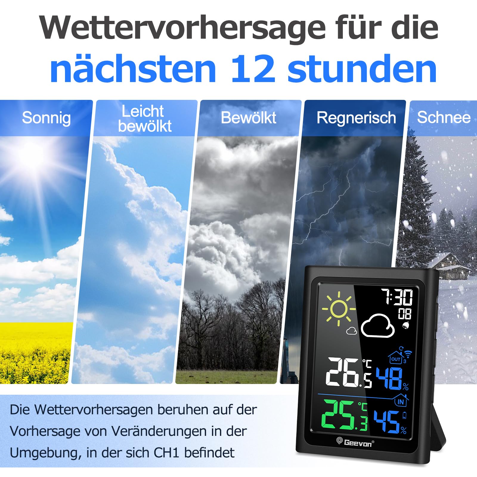 Geevon Stazione meteo radio con sensore esterno, stazione meteo interna ed esterna radio con previsioni meteo termometro digitale (246278 senza DCF con batterie)