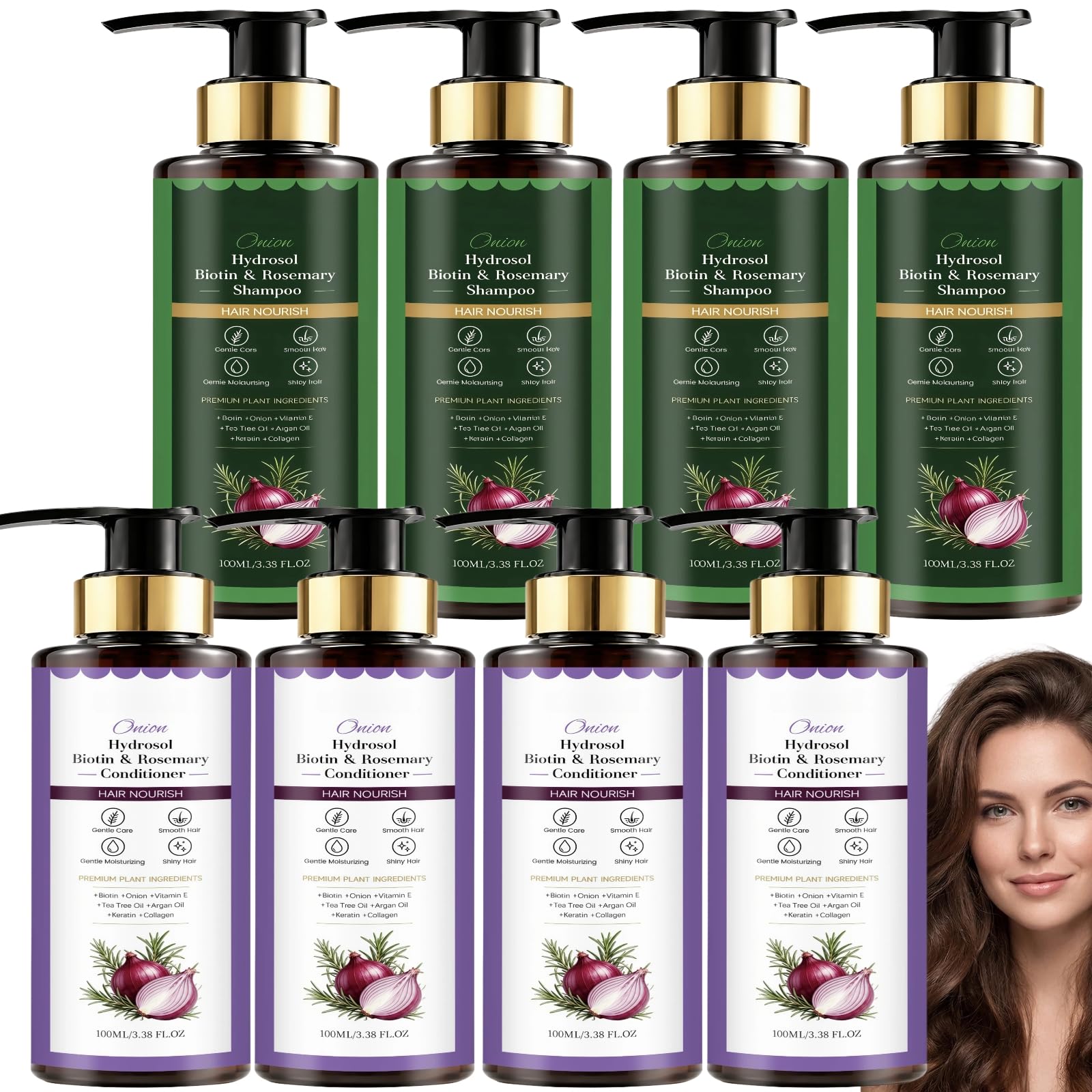 Zwiebelhydrolat-Biotin- und Rosmarin-Shampoo und -Spülung für Haarwachstum, verdickendes Haar, sanft zur empfindlichen Kopfhaut, verleiht Volumen und Glanz, feuchtigkeitsspendende Formel (4pcs)