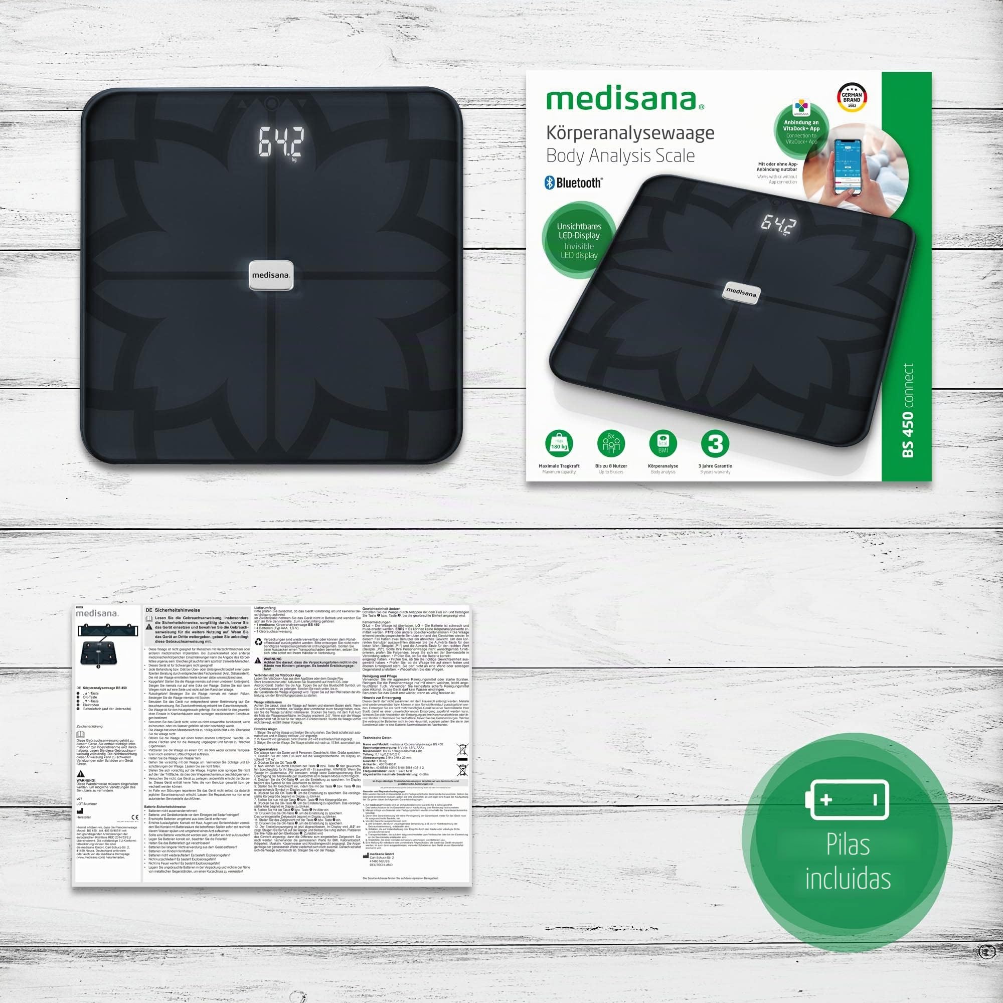 medisana BS 450 connect báscula de análisis corporal, balanza digital | medición de peso, grasa corporal, masa muscular, agua coroporal y peso óseo, bascula de baño con conexión a aplicación