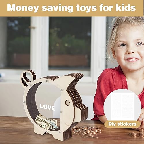 Miniatura 5 de Alcancía de madera Boalord para niños, niñas, niños y adultos, transparente, dinero real, monedero, regalos para niños pequeños