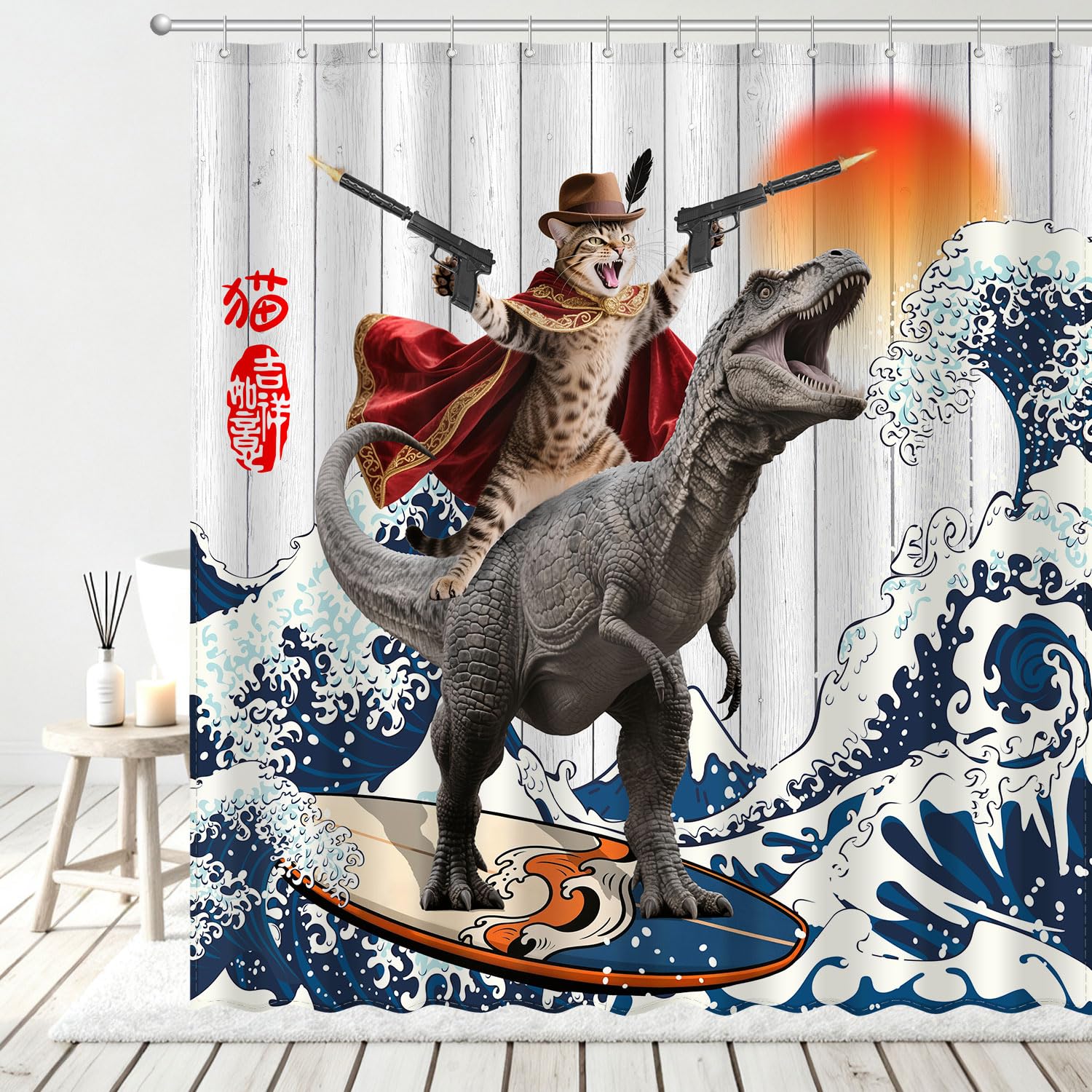 Funny Cat Riding Dinosaur Shower Curtain Set, Japanese Anime Sunset Ocean Waves Home Bathroom Decor, Polyester Cloth Fabric Bath Curtain with 12 Hooks 72" W x 72" L