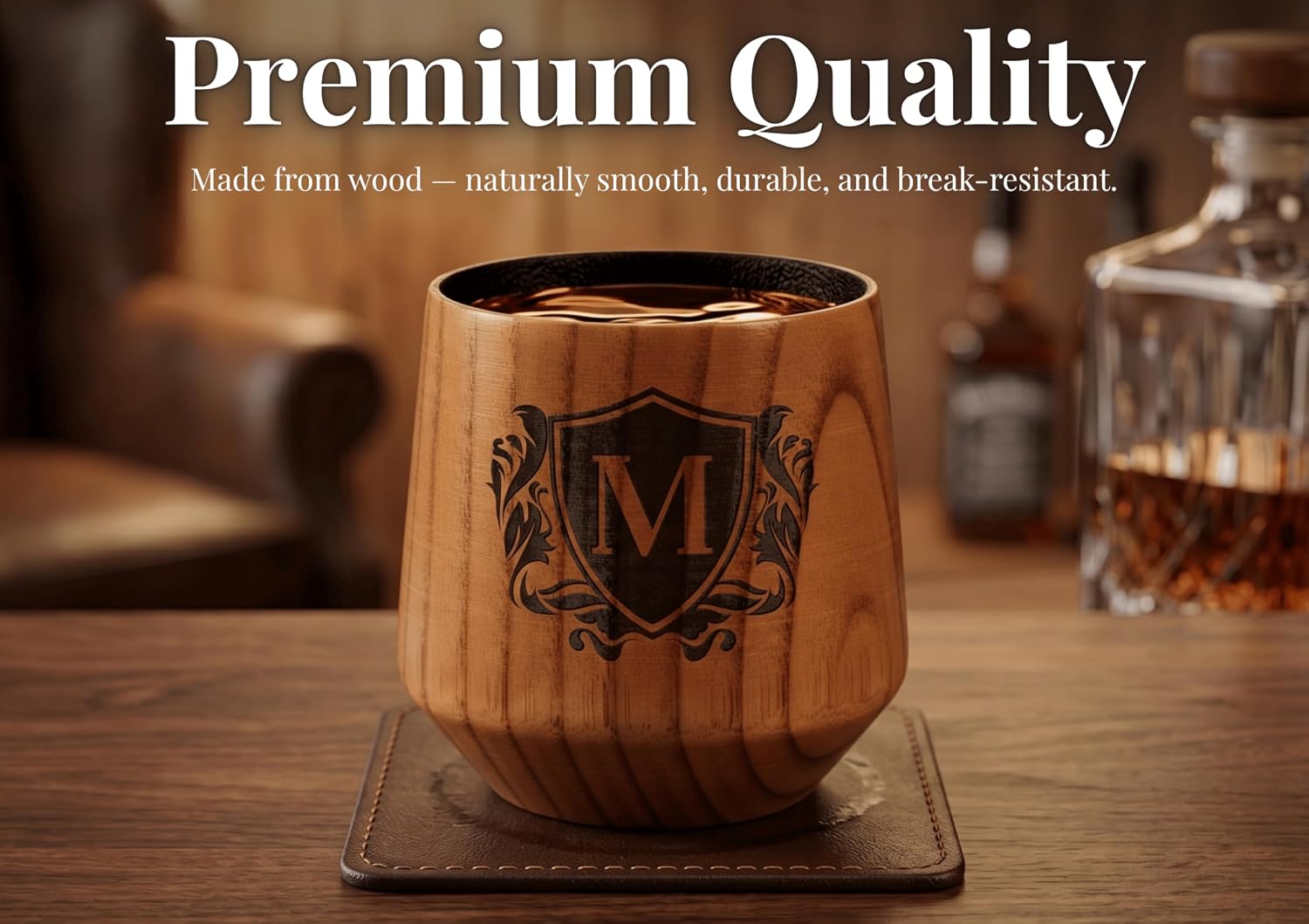 Onebttl Personalized Charred Wooden Bourbon Glasses for Men, Custom Whiskey Tumbler, Wooden Cup with Initials, Unique Gifts for Him, Dad, Husband on Birthday, Father’s Day, Christmas & Anniversary, T