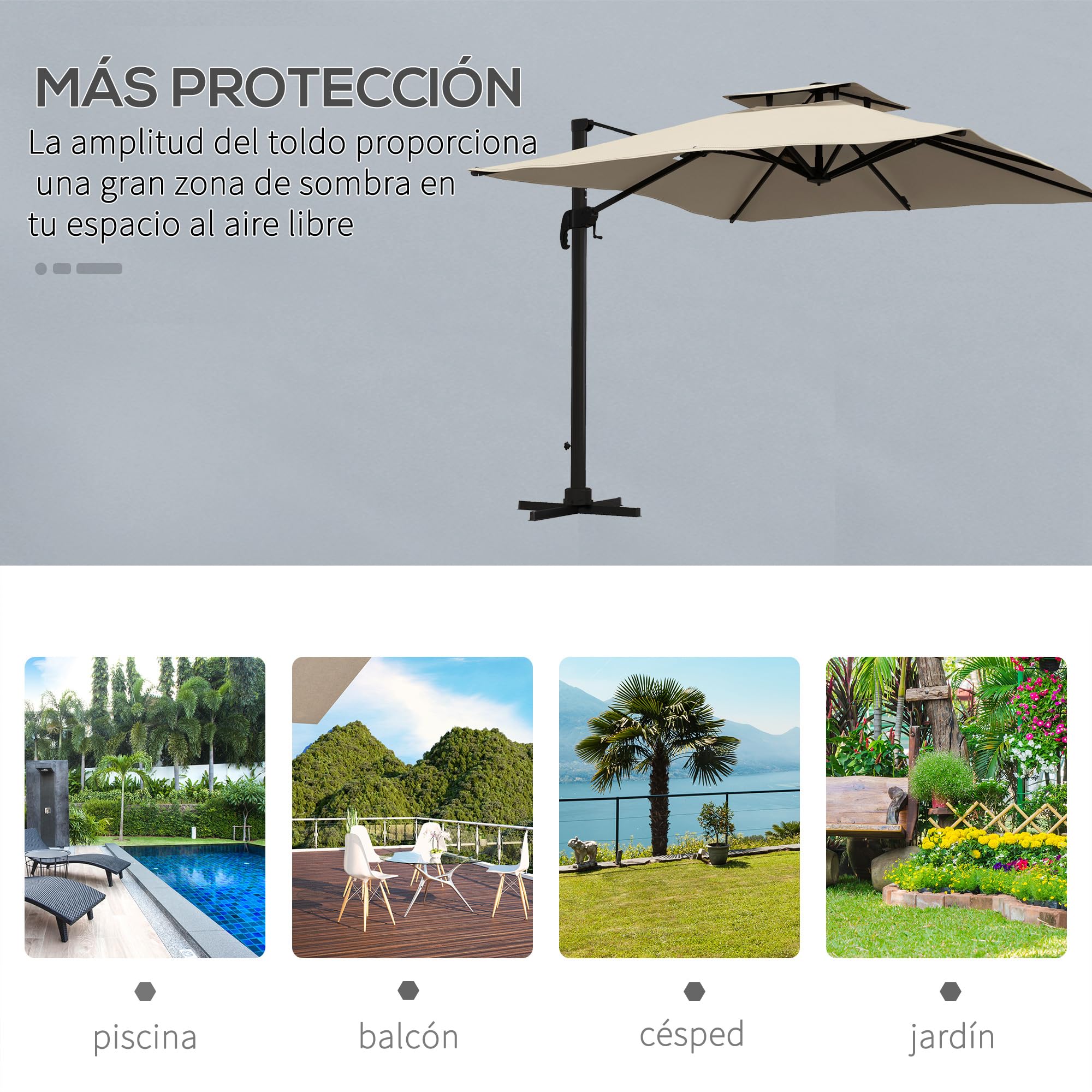 Outsunny Sombrilla de Terraza Exterior 300x300 cm de Aluminio Caqui | Con Manivela, Poste Giratorio 360°, Doble Techo, Inclinable en 6 Posiciones, Base Cruzada Incluida