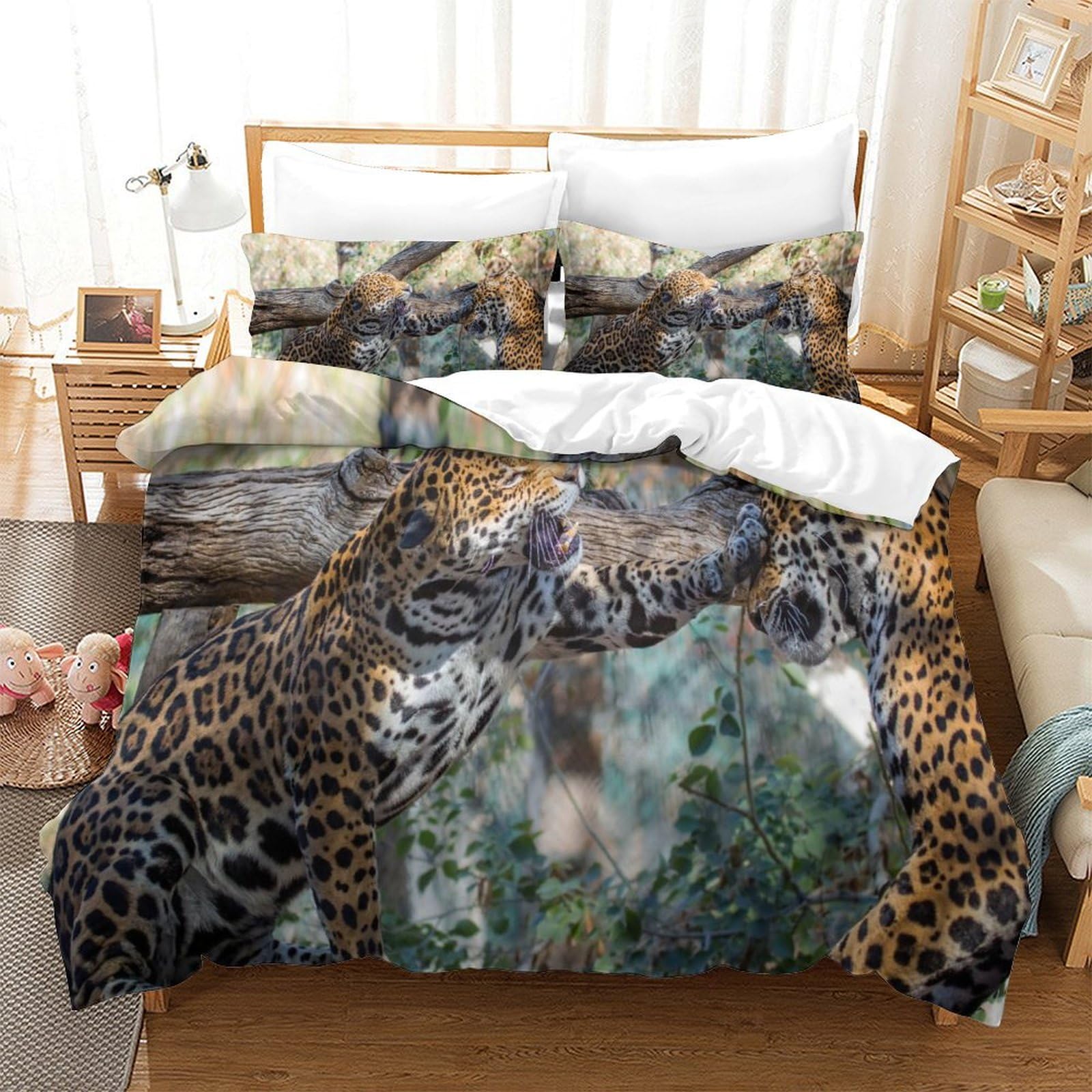 P1s9u7w5y Jaguar-10 Wild Jungle Leopard 3D Printed Duvet Cover Set 3Pcs Microfiber Animal Bedding Set Double（200X200cm）