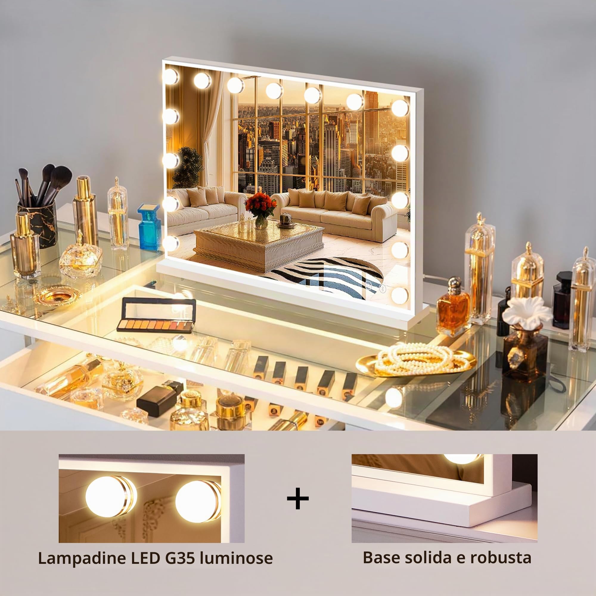 FENCHILIN Grande specchio per il trucco con altoparlante, Luce 3 modalità Hollywood, 15 lampadine LED, dimmerabile, da Tavolo, da Parete