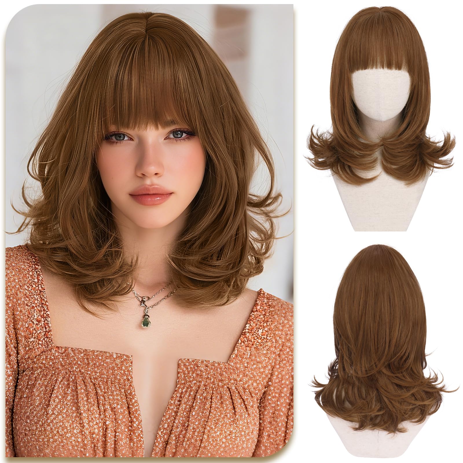 Short Brown Wig with Bang for Women - 15 Inch Shoulder Length Layered Straight Bob Wigs Natural Looking Synthetic Soft Heat Resistant Wig for Women Daily Party Use,Caramel Brown