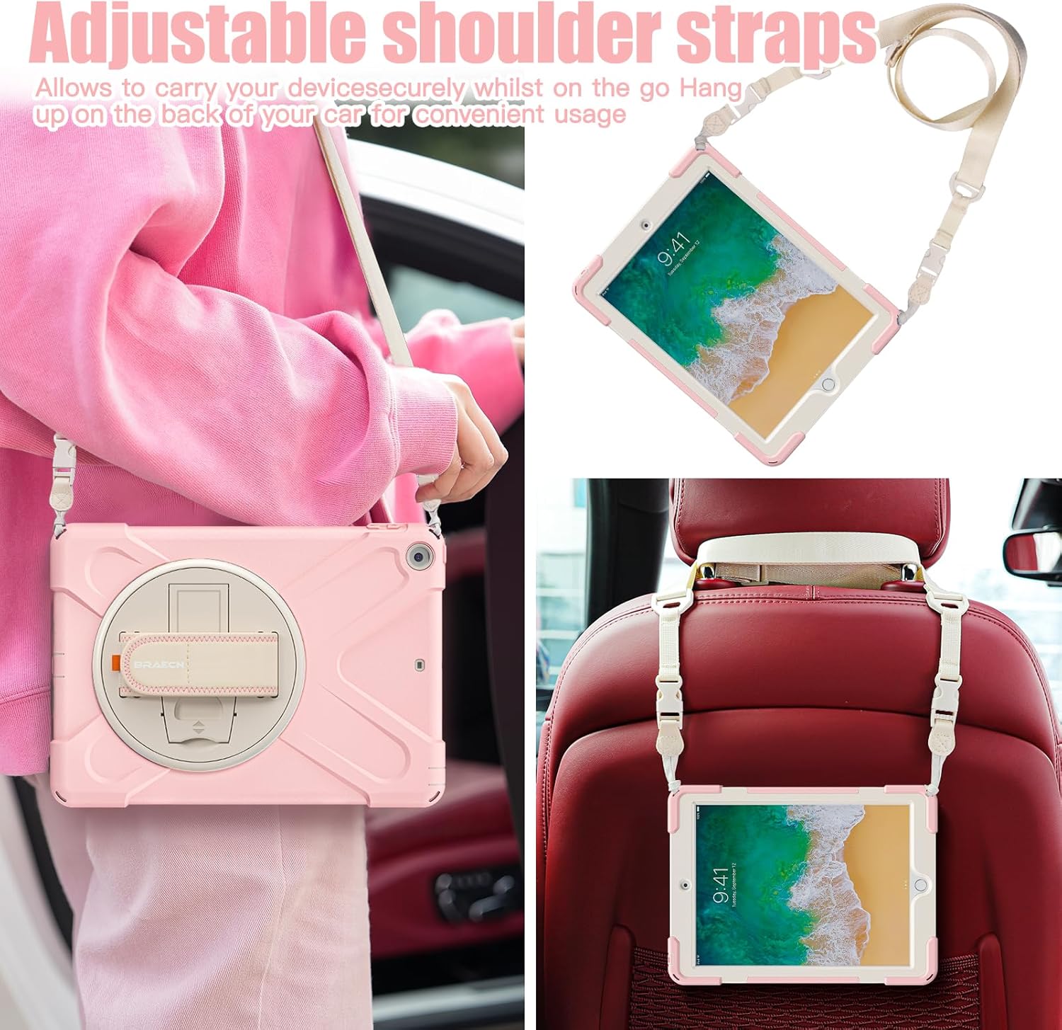 BRAECNstock for Apple iPad 6th/ 5th Generation Case 9.7 inch (2018/2017), Shockproof Protective Kids Case with Pencil Holder, Rotating Hand Strap & Stand, Shoulder Strap, Sakura Pink