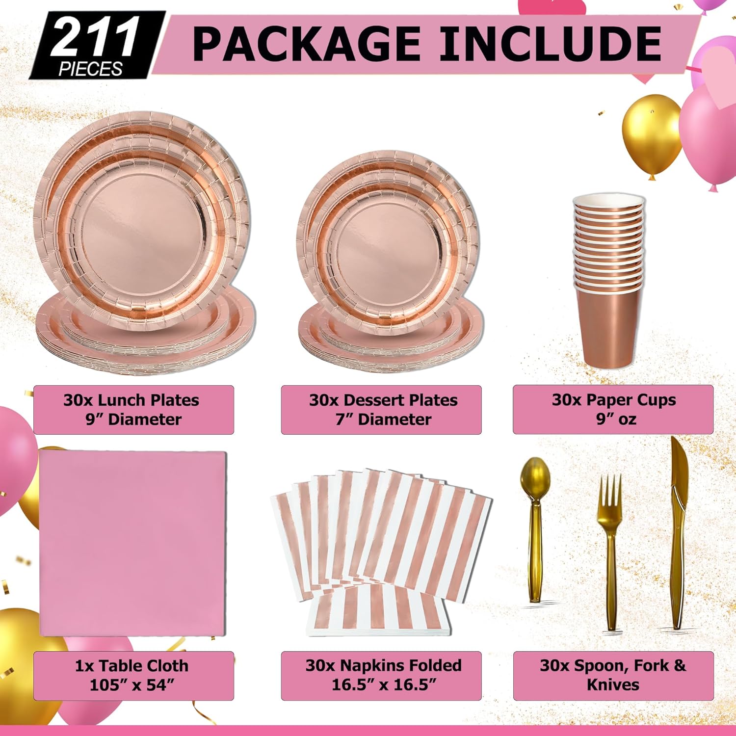 Jubi 211 PCS Shiny Rose Gold Party Paper Plates Set - Serves 30 Guests with Disposable Dish, Cups, Napkins, Cutlery, and Tablecloth - For Wedding, Bridal Party, and Birthday