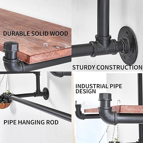 Vista 19 de Perchero industrial de tubería con estante superior, estante de ropa montado en la pared que ahorra espacio de 2 niveles, estante con barra