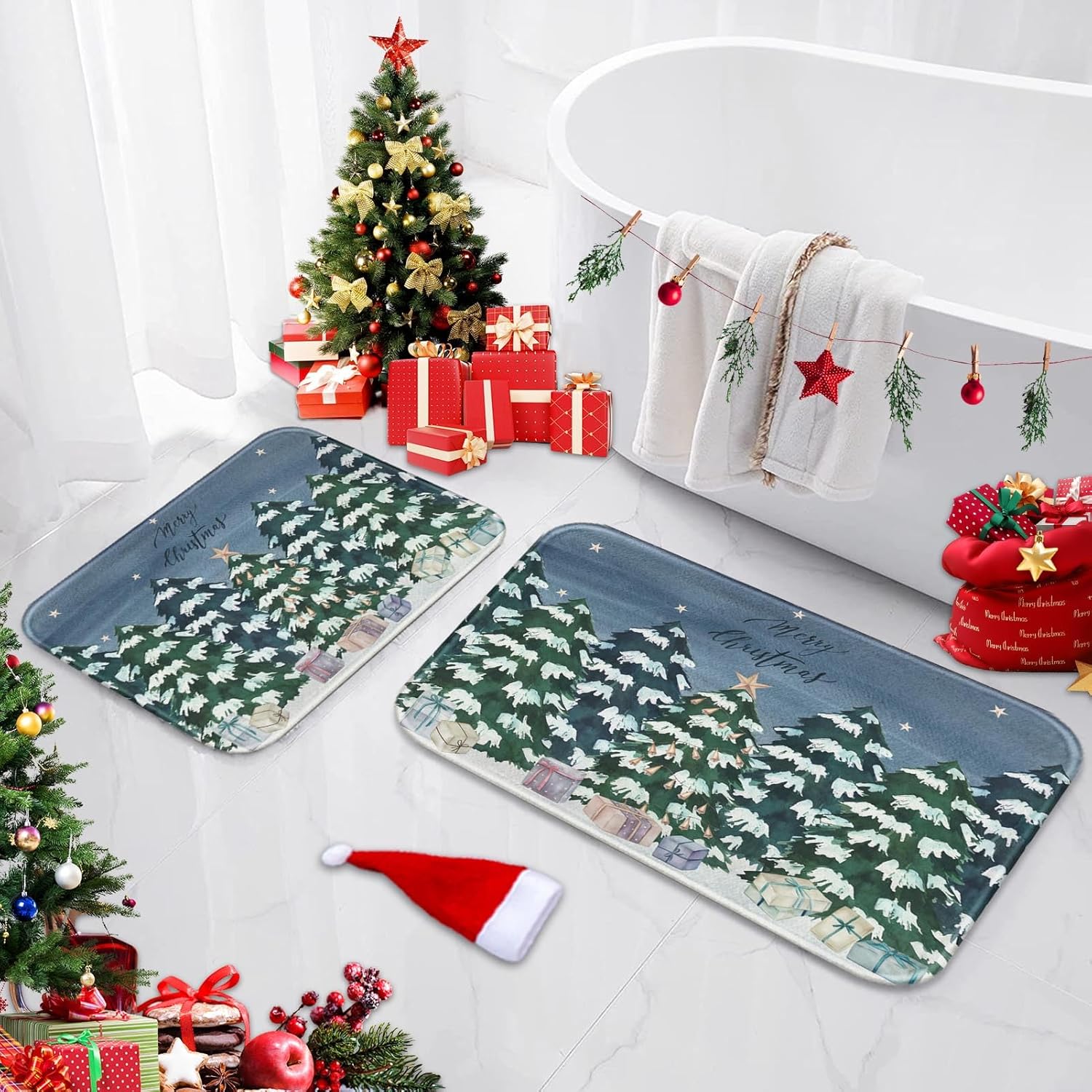Arttown Merry Christmas Tree Winter Bathroom Rug Mat Set of