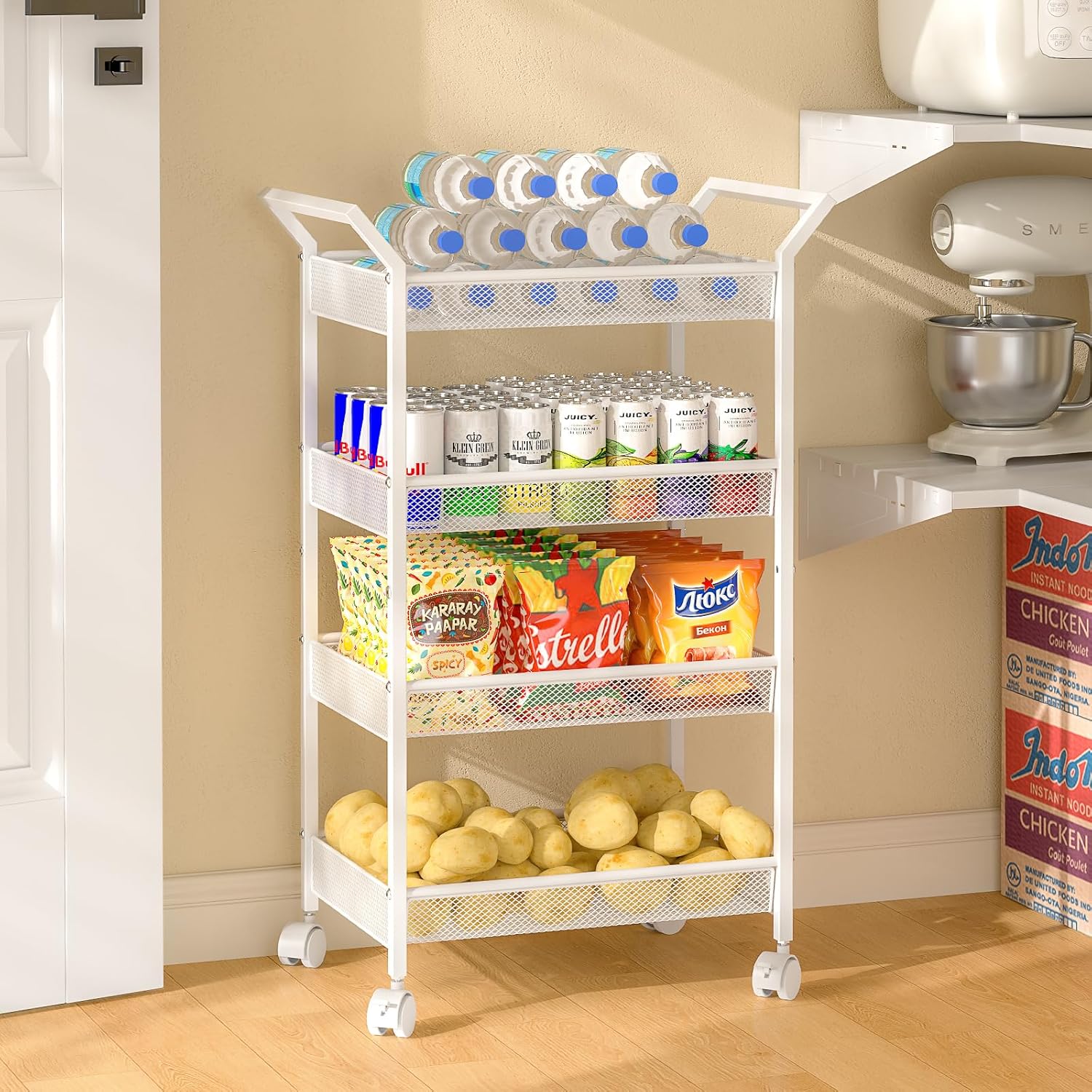 4-Tier Baby Diaper Caddy Cart, Diaper Caddy Organizer and Storage, Nursery and Baby Essentials Storage, Rolling Utility Cart for Bedroom and Bathroom, White