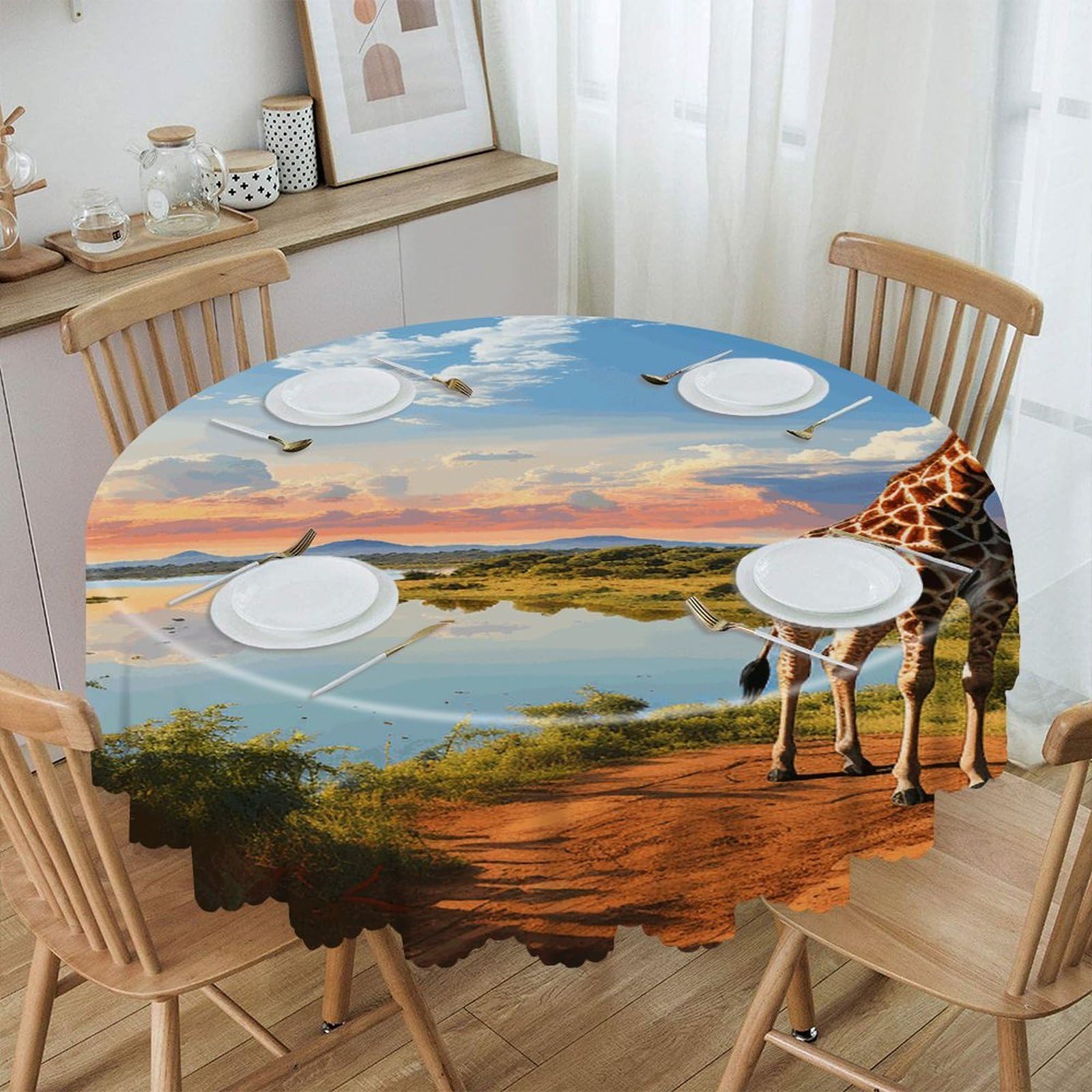African Landscape with Nile River And Giraffe Round Tablecloth 60 Inch Easy to Clean Circle Table Cover Thick Decorative Round Polyester Table Cloth for Dining Kitchen Party Farmhouse Outdoor
