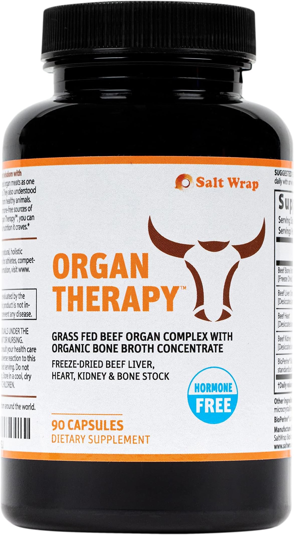 SaltWrap Organ Therapy - Grass Fed Beef Organ Meat Complex Supplement with Organic Bone Broth Concentrate (Beef Liver, Heart, Kidney and Bone Broth Capsules with BioPerine) Desiccated, 90 Capsules