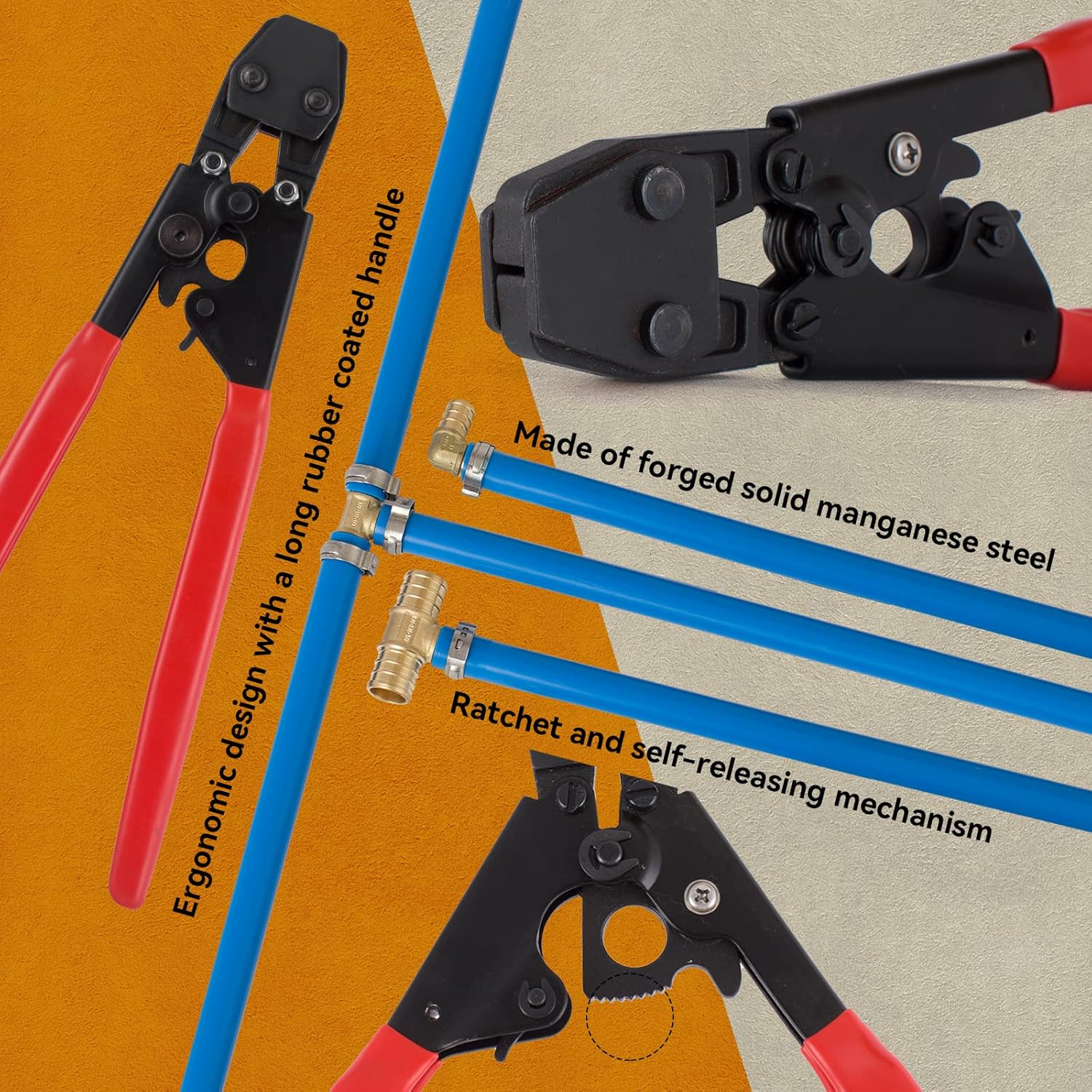 PEX Cinch Clamp Crimping Tool,Pex Crimp Kit for 3/8" to 1" Stainless Steel Clamps Including 20pcs 1/2",10pcs 3/4" Clamps with Pipe Cutter,PEX Pipe Tubing Connect Tools Suit US F2098 Standards