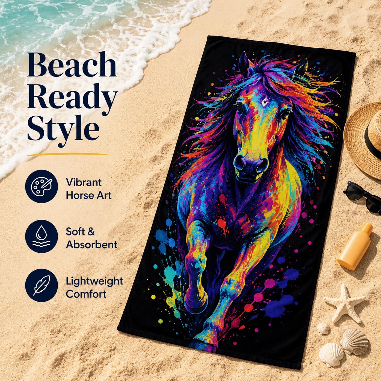 Telo Mare Microfibra Cavallo Colorato Asciugatura Rapida | Asciugamano da Spiaggia Cavallo Astratto, 145x200 cm, Assorbente, Accessori Mare, per Palestra Viaggio