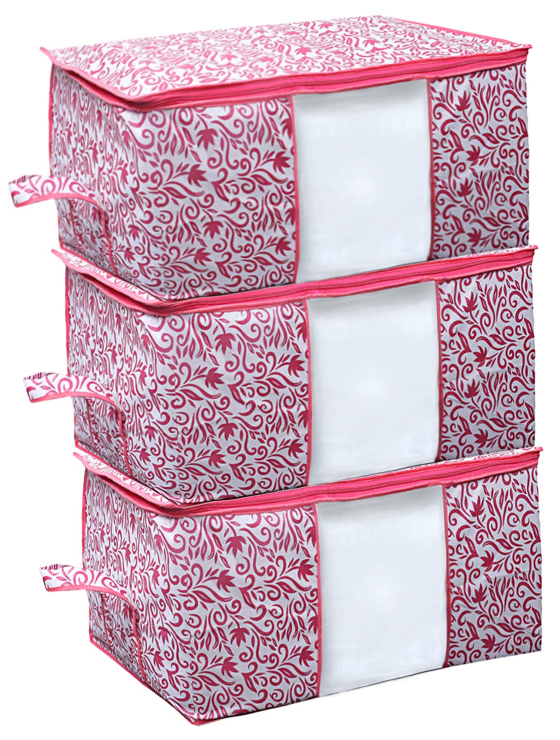 Kuber Industries Leaf Design Non Woven 3 Pieces Underbed Storage Bag, Storage Organiser, Blanket Cover (Pink)-CTKTC025728