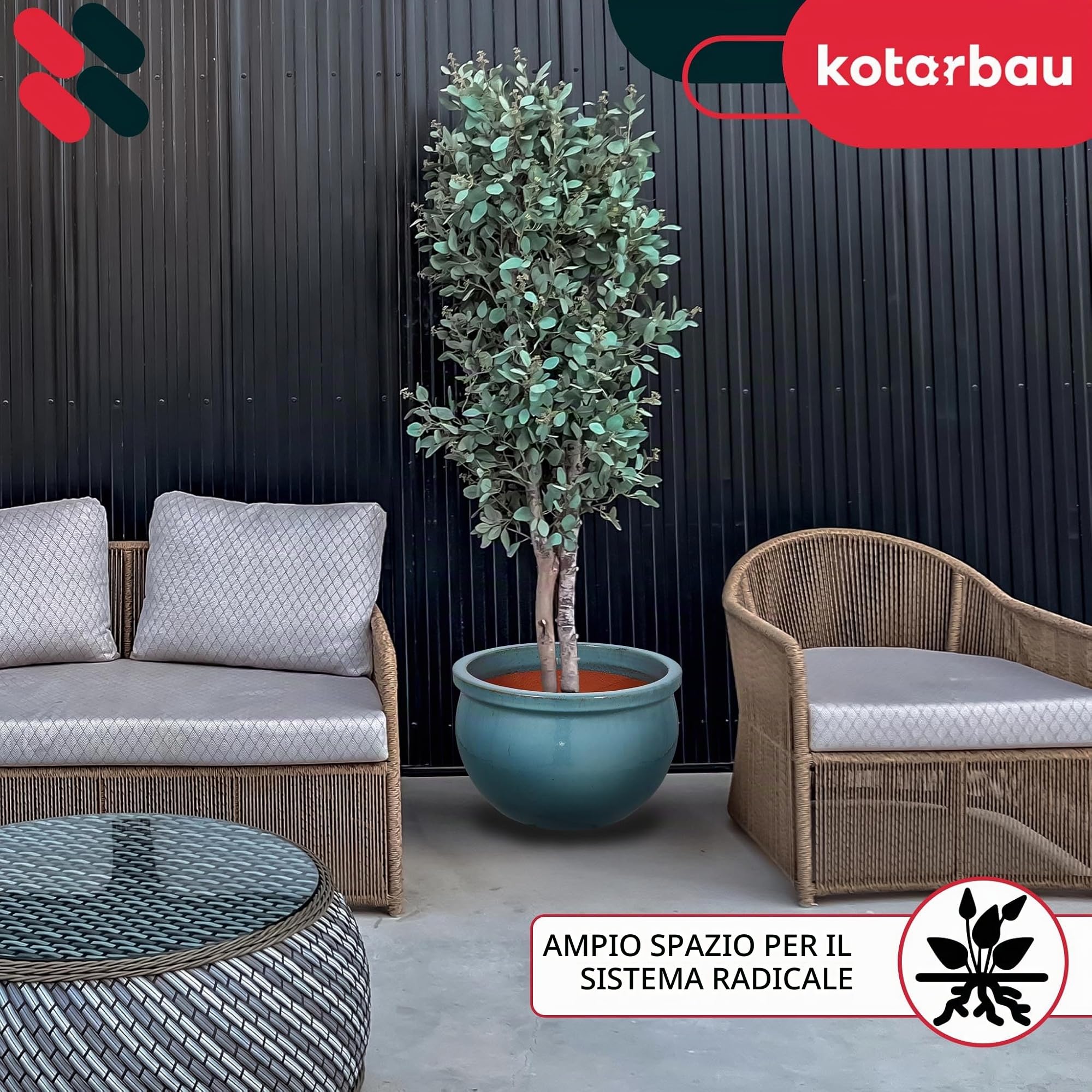 KOTARBAU® - Vaso da fiori in ceramica per giardino, rotondo, ⌀ 390 mm, turchese