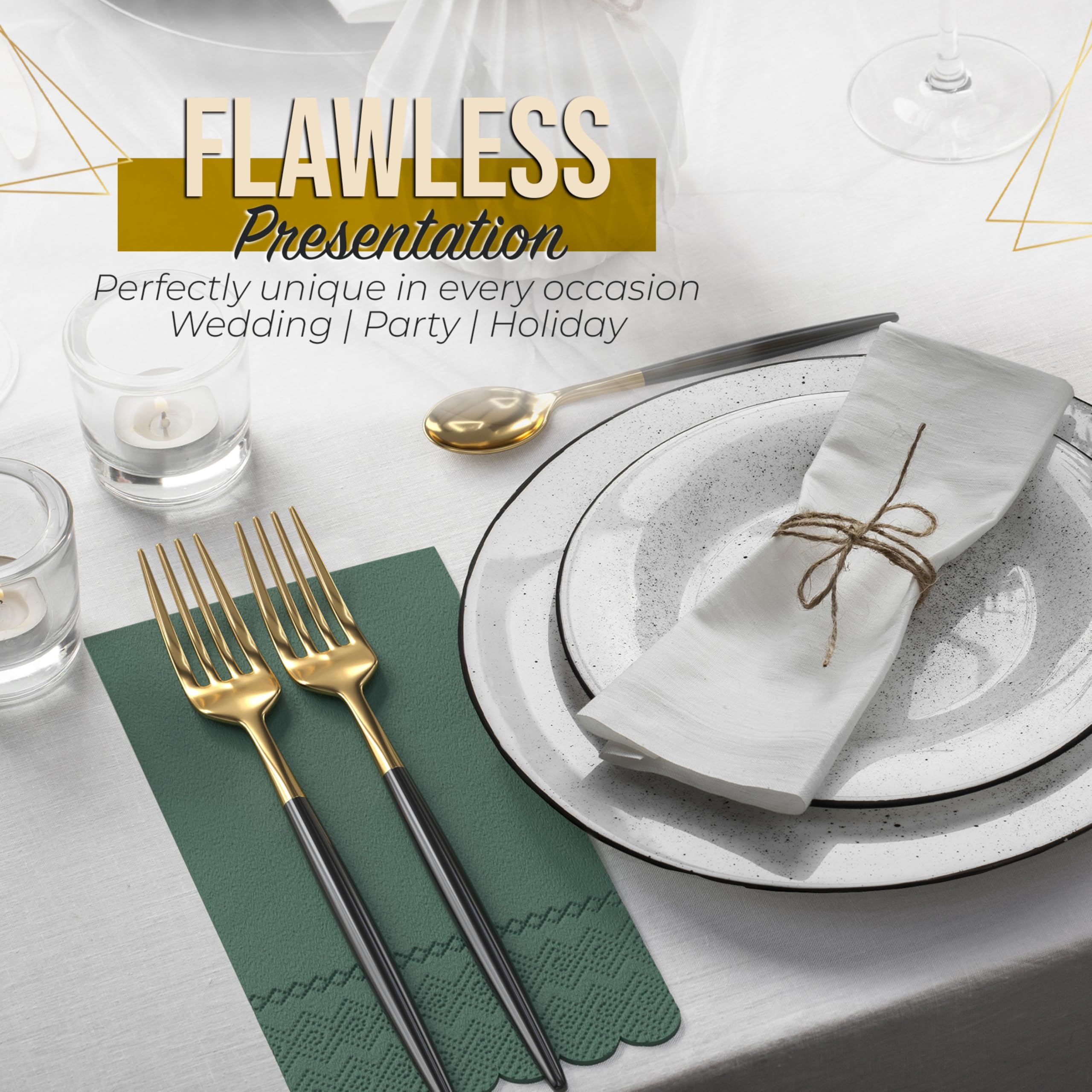 Party Solids Tovaglioli smerlati verde scuro monouso a 3 veli 100 pezzi | Tovaglioli di carta smerlati decorativi, asciugamani per ospiti, per bagno, cene, matrimoni e feste