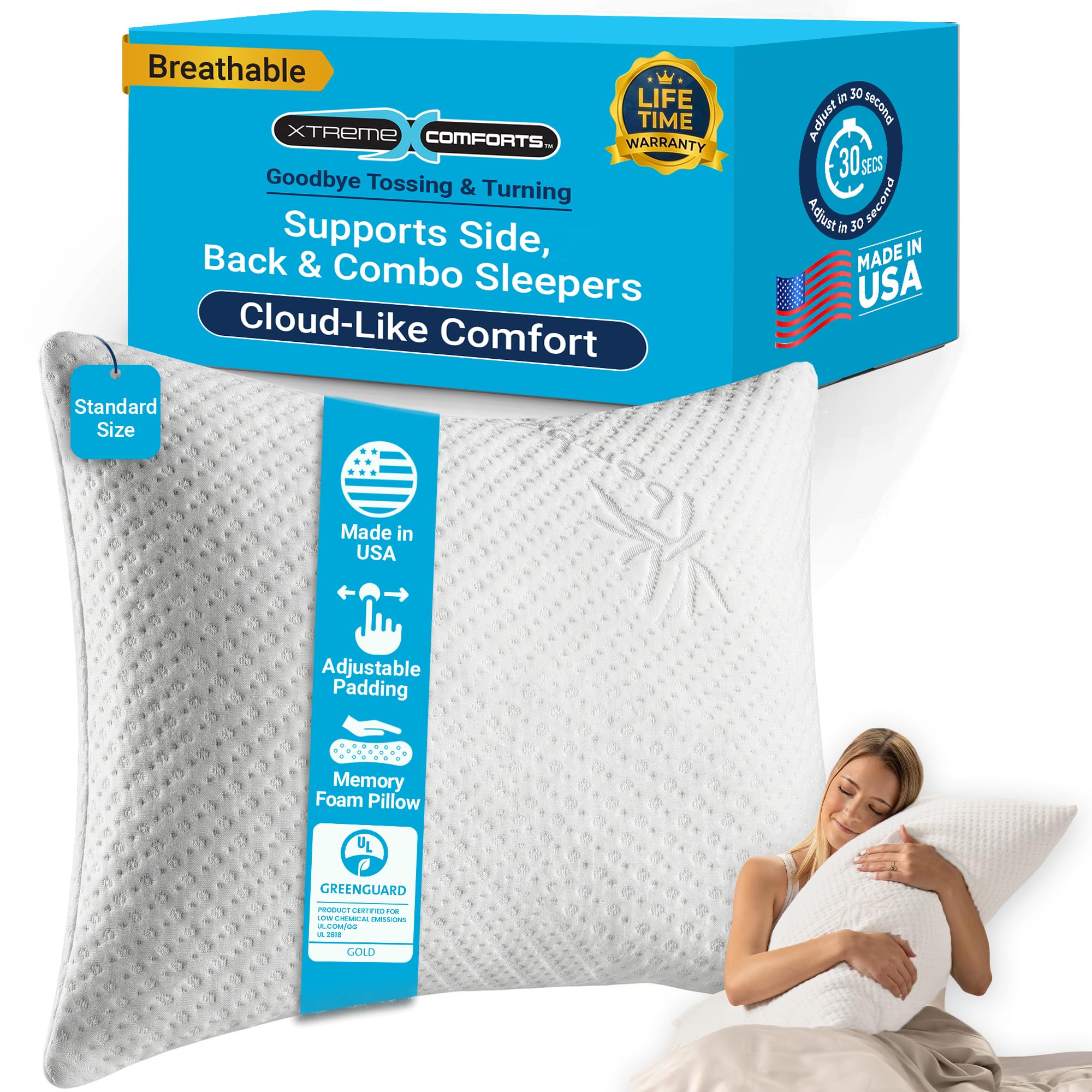 Xtreme Comforts Almohadas de espuma viscoelástica | Relleno de espuma triturada ajustable certificado GREENGUARD para apoyo personalizado | Almohadas de cama para personas que duermen de lado, espalda