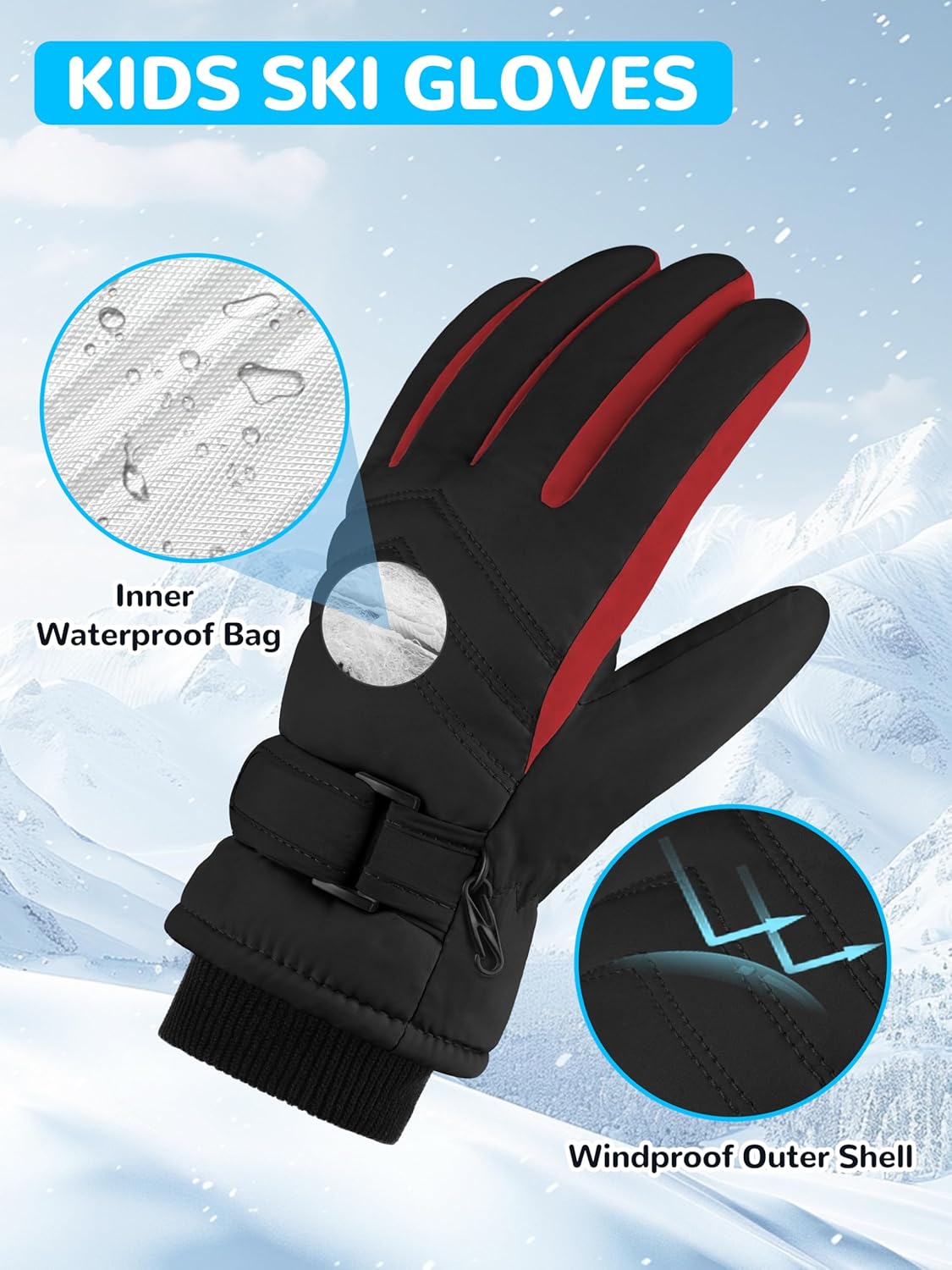 Wenouy 2 Pairs Kids Winter Snow Gloves Waterproof Windproof Warm Fleece Boys Girls Ski Gloves Outdoor Cold Weather 3-5 Years Dark Blue, Red 2