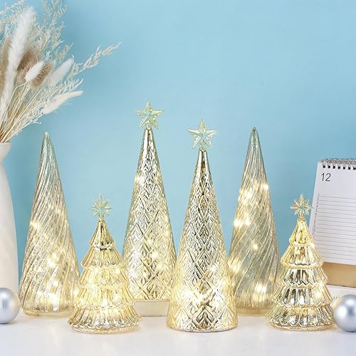 6 figuras iluminadas de cristal de mercurio para árbol de Navidad con luces LED, centro de mesa iluminado, árbol de mesa iluminado a pilas,